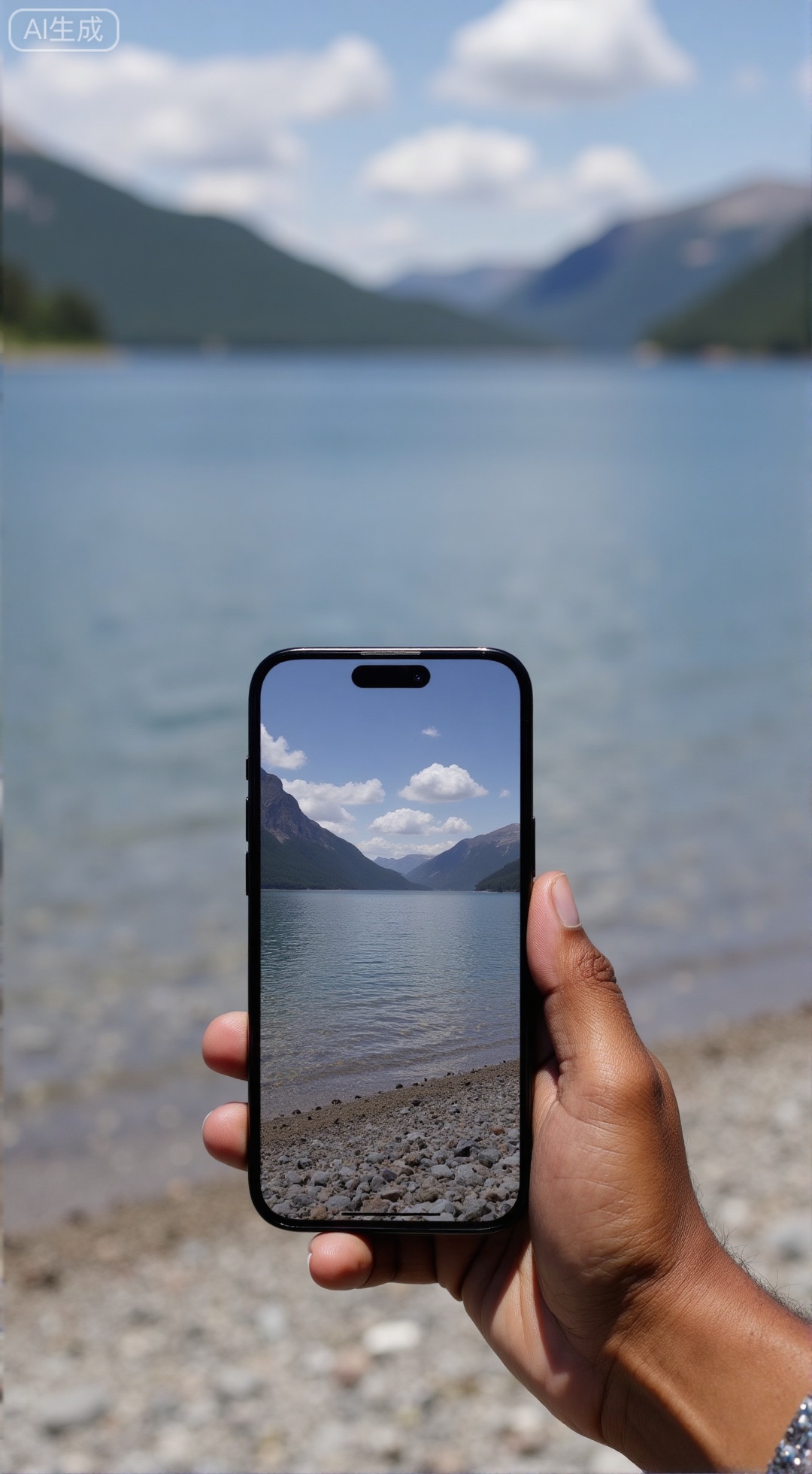 ,(masterpiece,best quality:1.23),travel photography,hand holding iPhone 17 Air,phone placed face-up,simple single camera,ambient light,blurred mountains and lake background,,XXbaifengsongyuYH,Xbigbreasts,Xiphone17proseries,Xiphone17air,Xiphone17proseries,Xiphone17air