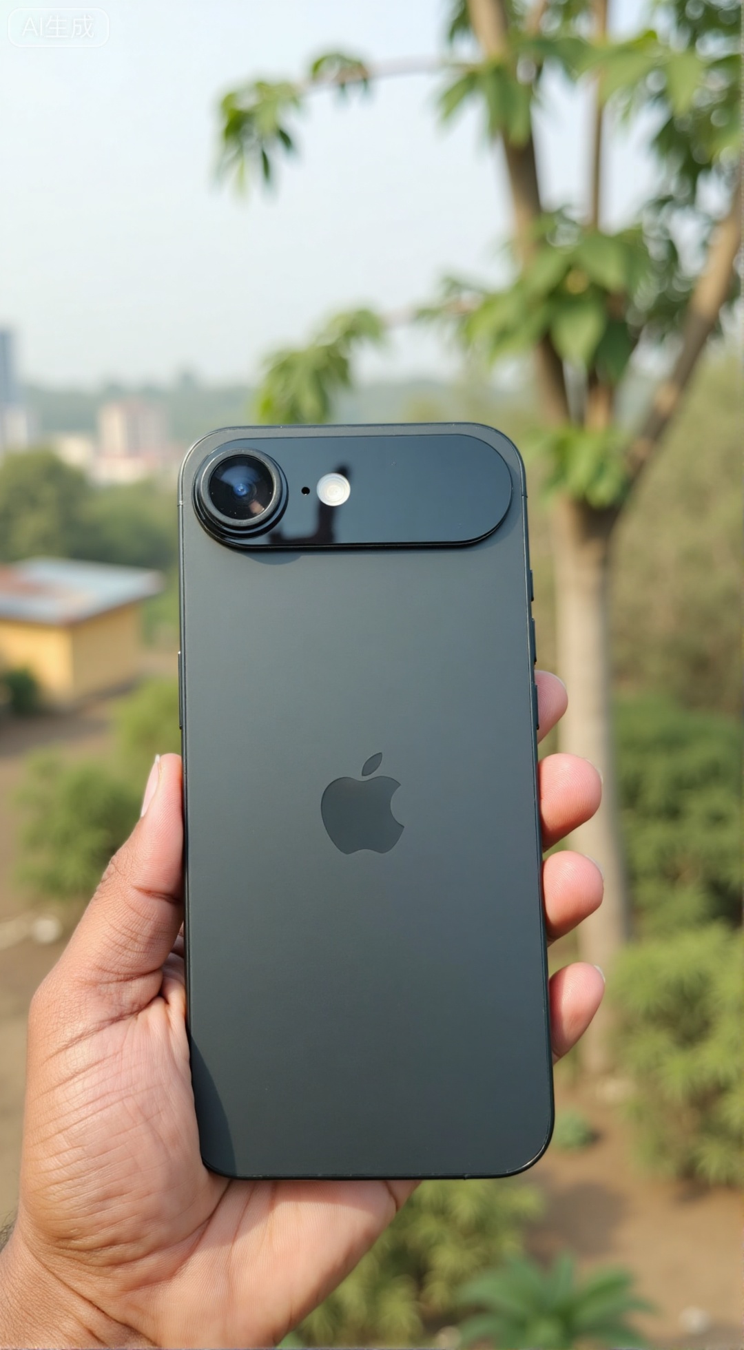 ,(masterpiece,best quality:1.23),product shot,hand holding iPhone 17 Air,close-up of phone back,single camera,aluminum alloy frame,glass back panel,outdoor photography,bokeh background,soft sunlight,trees and sky in background.,XXbaifengsongyuYH,Xbigbreasts,Xiphone17proseries,Xiphone17air,Xiphone17proseries,Xiphone17air