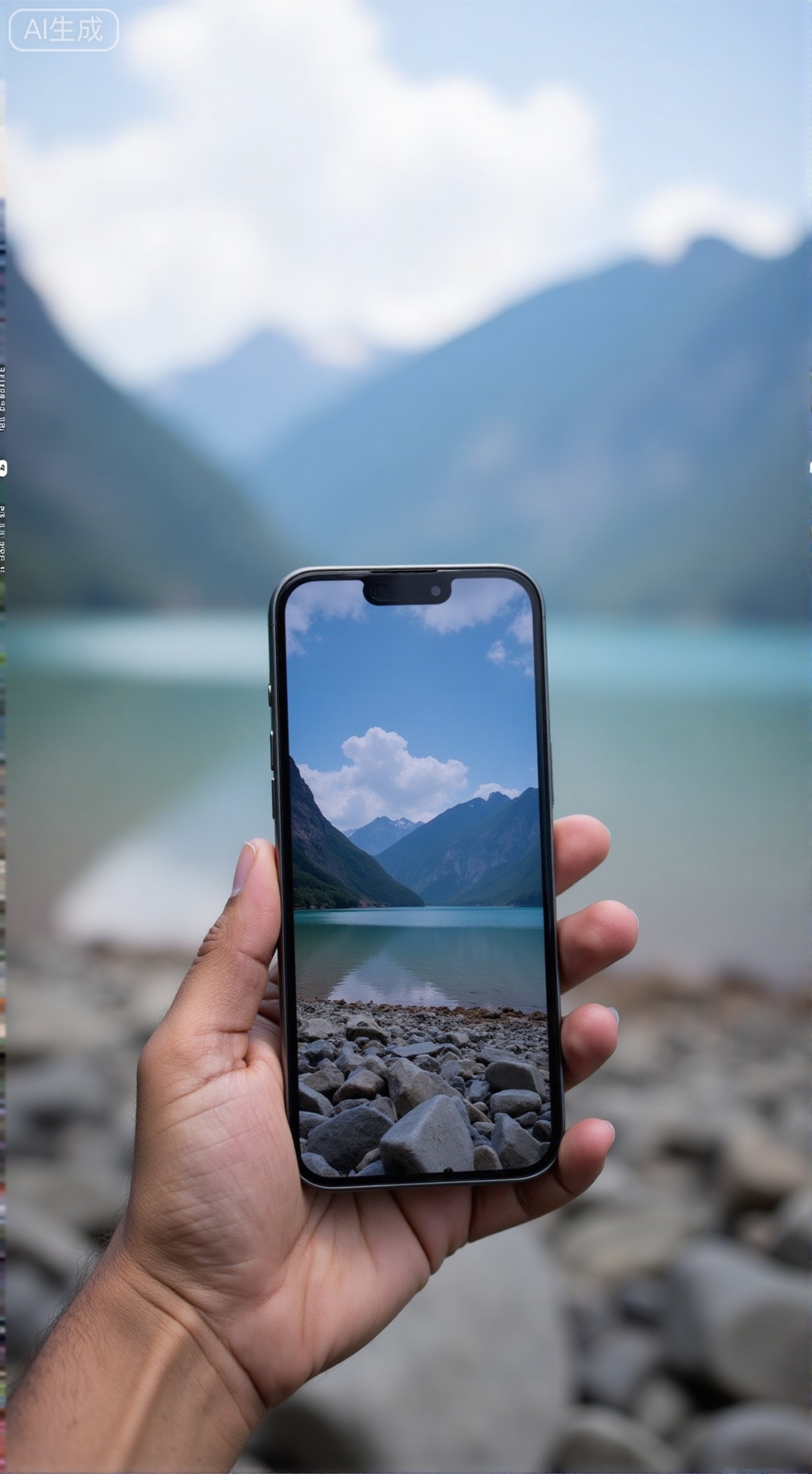 ,(masterpiece,best quality:1.23),travel photography,hand holding iPhone 17 Air,phone placed face-up,simple single camera,ambient light,blurred mountains and lake background,,XXbaifengsongyuYH,Xbigbreasts,Xiphone17proseries,Xiphone17air,Xiphone17proseries,Xiphone17air