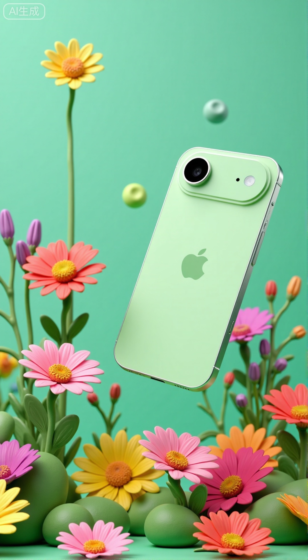 ,(masterpiece,best quality:1.23),,a light green mobile phone floating in the air,surrounded by a variety of colorful flowers and plants. Surreal,fantastical scene design,bright colors,green main tone,with ultra-high resolution and HD images,high resolution 3D rendering,,XXbaifengsongyuYH,Xbigbreasts,Xiphone17proseries,Xiphone17air,Xiphone17proseries,Xiphone17air