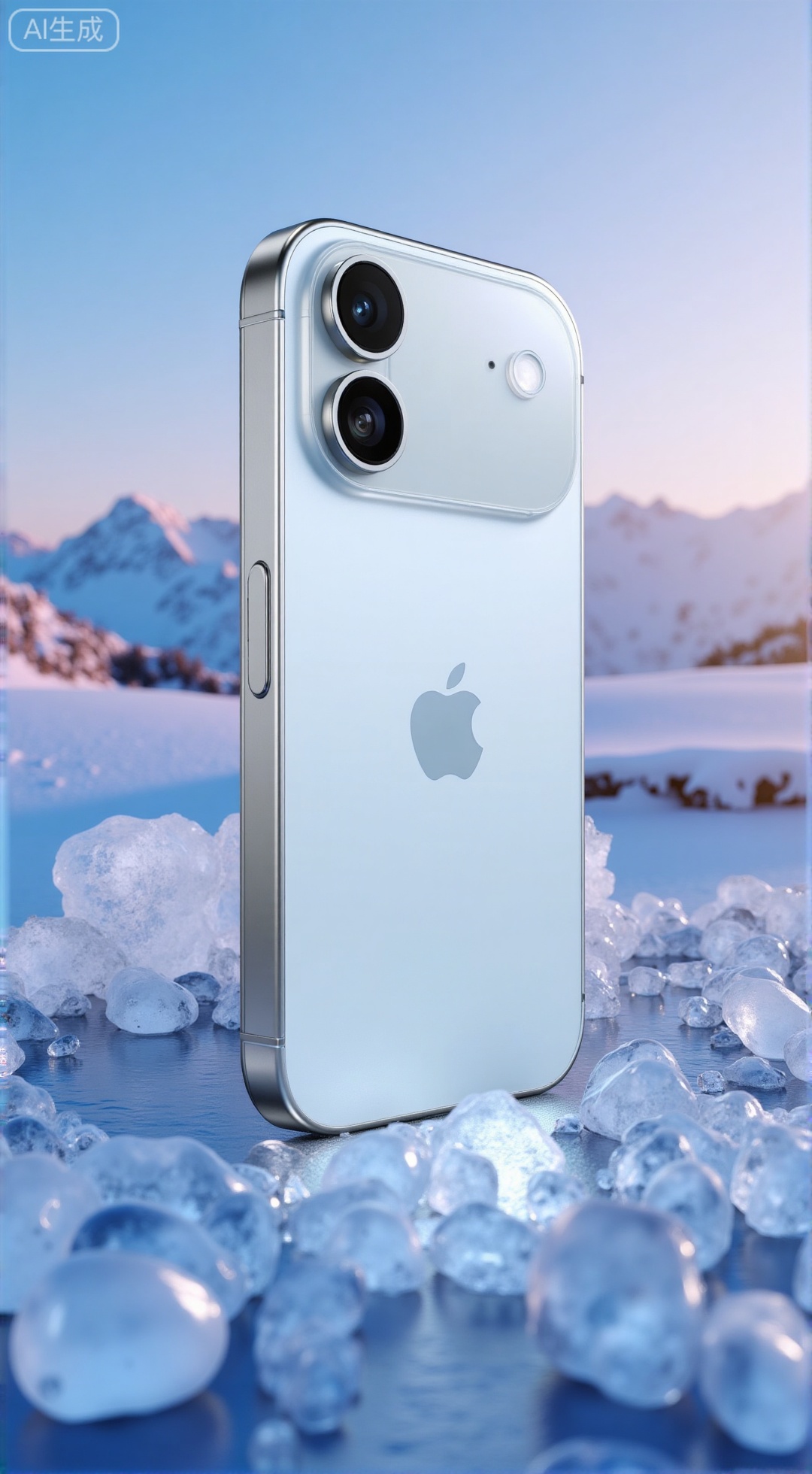 ,(masterpiece,best quality:1.23),chanpin\(render\),XiPhone17Air,iPhone 17 air,chanpin\(render\),Product scene rendering scene,iPhone17 set transparent phone case,surrounded by ice crystals,the background is blue snow mountain,the sky presents sunset color,high quality light and shadow,creating a cool tone,natural light,professional color grading,clear focus,XXbaifengsongyuYH,Xbigbreasts,Xiphone17proseries,Xiphone17air,Xiphone17proseries,Xiphone17air