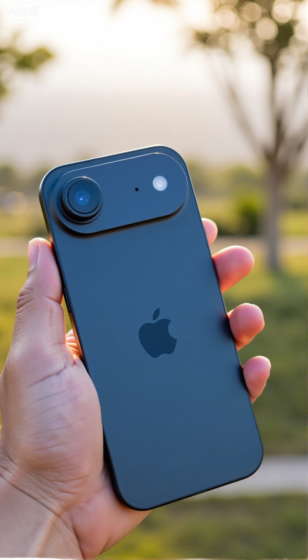 ,(masterpiece,best quality:1.23),product shot,hand holding iPhone 17 Air,close-up of phone back,single camera,aluminum alloy frame,glass back panel,outdoor photography,bokeh background,soft sunlight,trees and sky in background.,XXbaifengsongyuYH,Xbigbreasts,Xiphone17proseries,Xiphone17air,Xiphone17proseries,Xiphone17air
