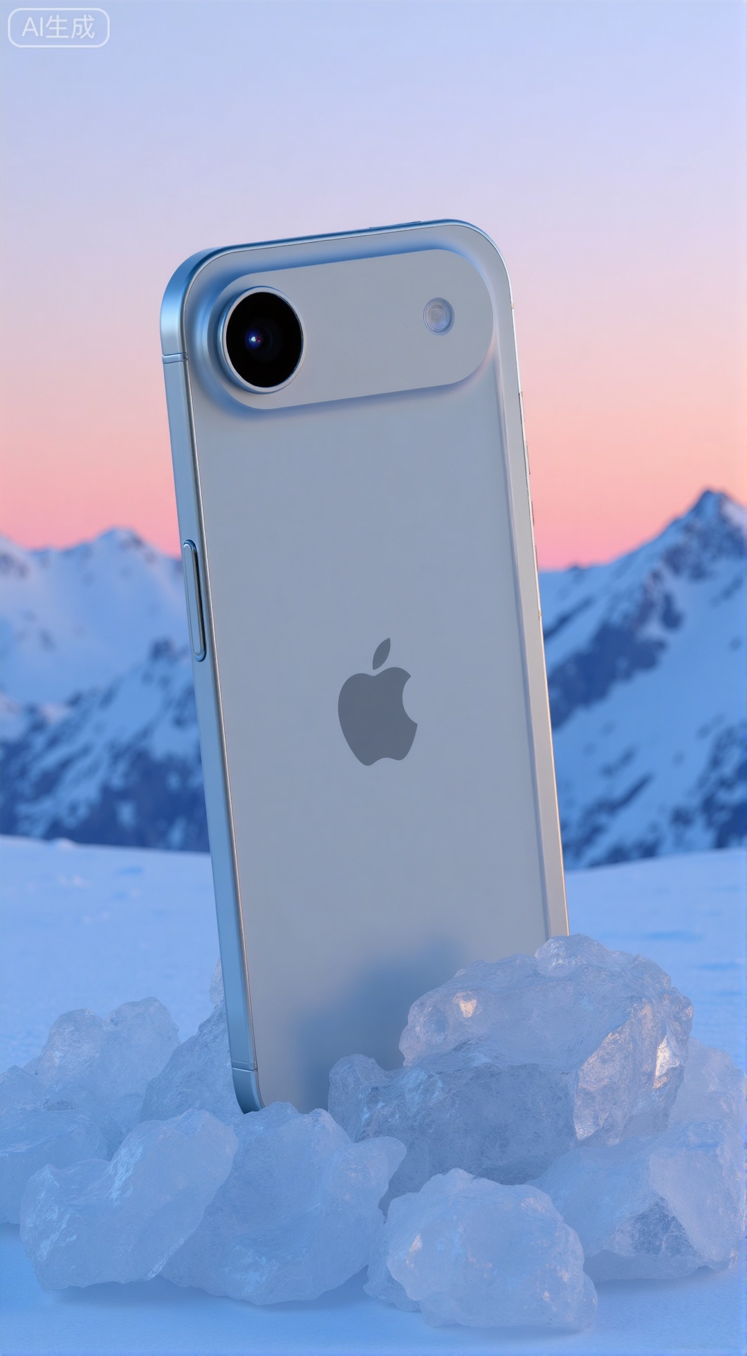 ,(masterpiece,best quality:1.23),chanpin\(render\),XiPhone17Air,iPhone 17 air,chanpin\(render\),Product scene rendering scene,iPhone17 set transparent phone case,surrounded by ice crystals,the background is blue snow mountain,the sky presents sunset color,high quality light and shadow,creating a cool tone,natural light,professional color grading,clear focus,XXbaifengsongyuYH,Xbigbreasts,Xiphone17proseries,Xiphone17air,Xiphone17proseries,Xiphone17air