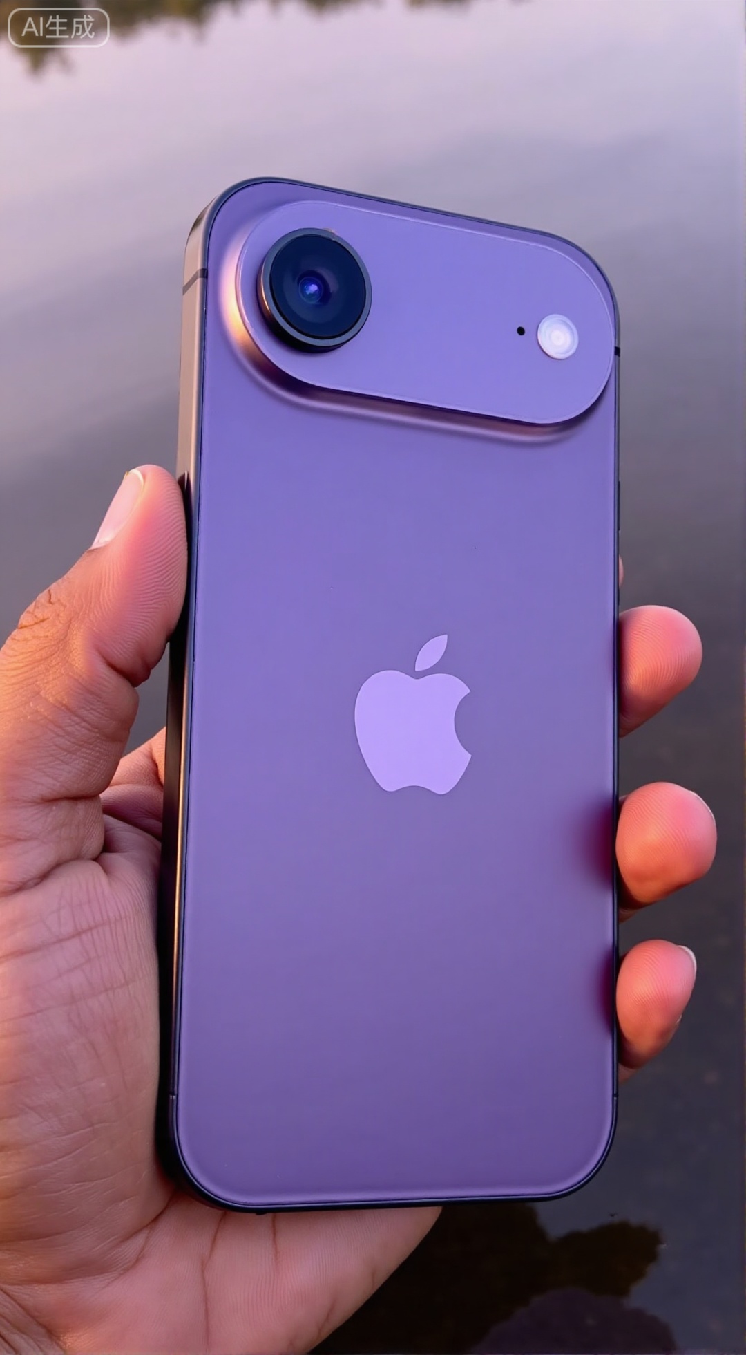 ,(masterpiece,best quality:1.23),tech product photography,hand holding iPhone 17 Air back,perfectly symmetrical design,low saturation grayish-purple aluminum alloy frame,glass reflection,sunset background,blurred beach,XXbaifengsongyuYH,Xbigbreasts,Xiphone17proseries,Xiphone17air,Xiphone17proseries,Xiphone17air