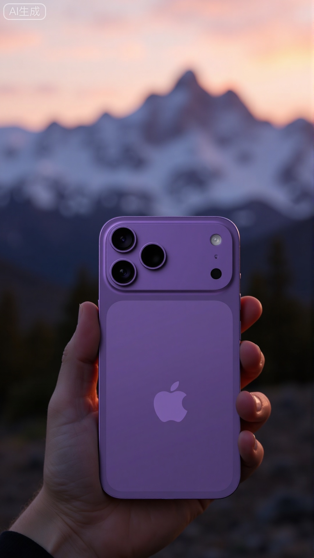 A professional product photograph of iPhone17Pro, Deep Purple color, held up against a majestic mountain landscape at sunset. The back of the phone and the triple camera are in focus, with the blurred mountain peaks and golden-hour sky creating a dramatic backdrop. Soft focus, cinematic lighting..Xbigbreasts,XbaifengsongyuYH,Xiphone17air,Xiphone17proseries,Xiphone17proseries,Xiphone17air