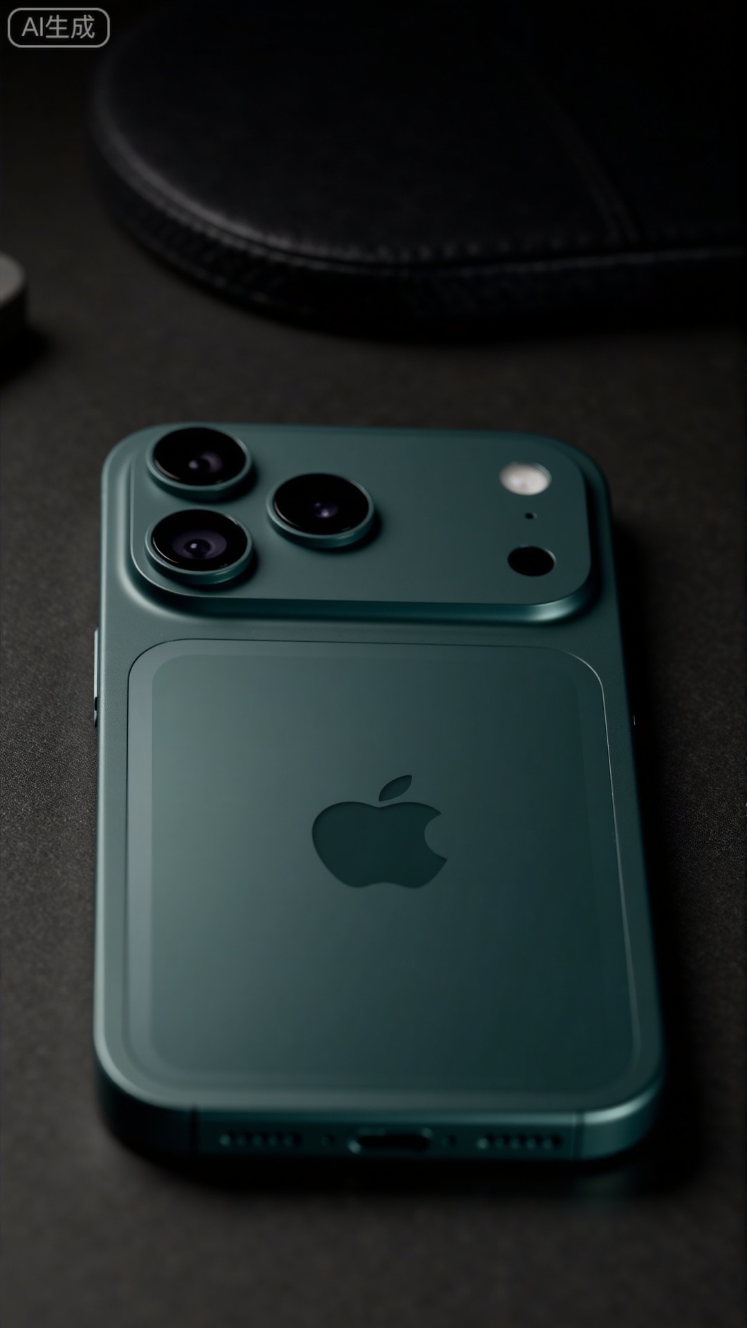 (masterpiece, best quality:1.2),An eye-level shot of iPhone17Pro, Midnight Green color, showcasing the back design and the triple camera array. The light subtly illuminates the matte glass back, while the metallic gleam of the aluminum alloy frame is visible. The blurred background is a dark, luxurious leather surface..Xbigbreasts,XbaifengsongyuYH,Xiphone17air,Xiphone17proseries,Xiphone17proseries,Xiphone17air