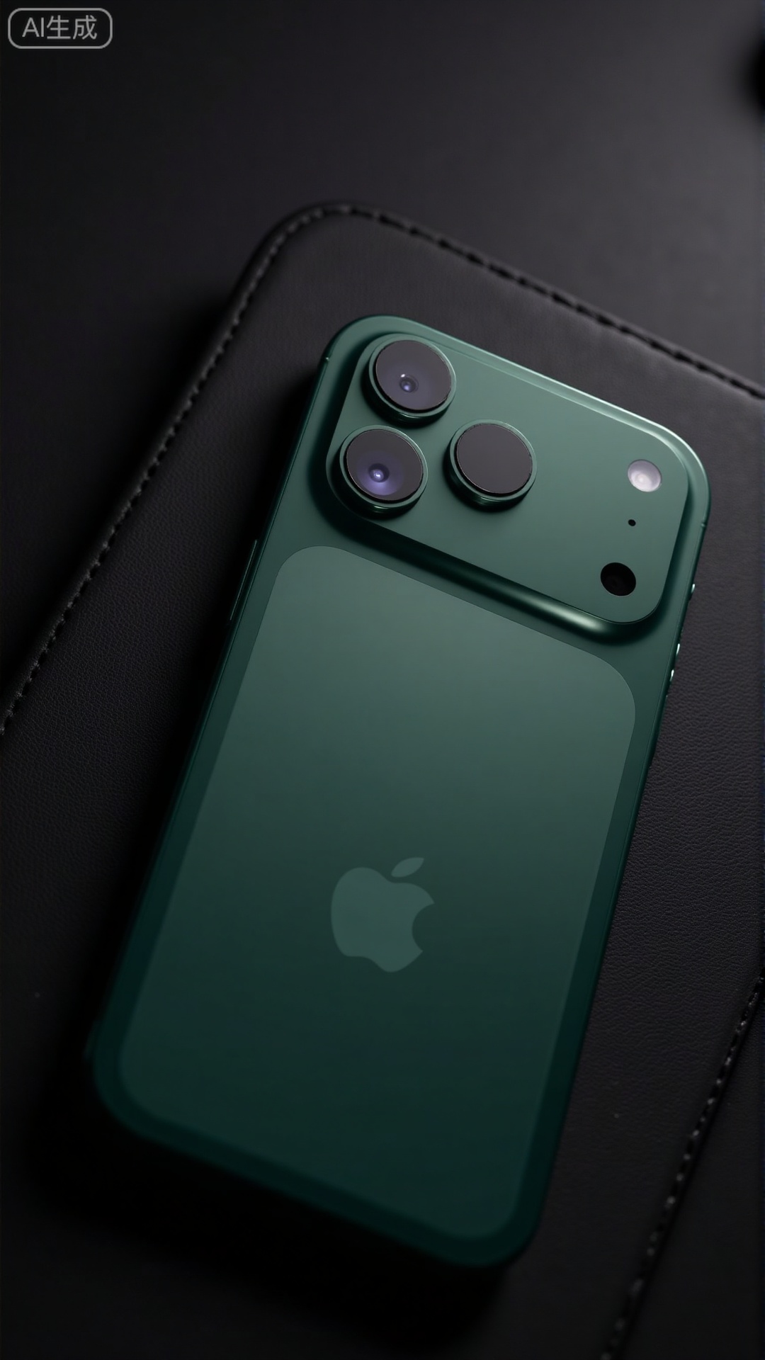 (masterpiece, best quality:1.2),An eye-level shot of iPhone17Pro, Midnight Green color, showcasing the back design and the triple camera array. The light subtly illuminates the matte glass back, while the metallic gleam of the aluminum alloy frame is visible. The blurred background is a dark, luxurious leather surface..Xbigbreasts,XbaifengsongyuYH,Xiphone17air,Xiphone17proseries,Xiphone17proseries,Xiphone17air