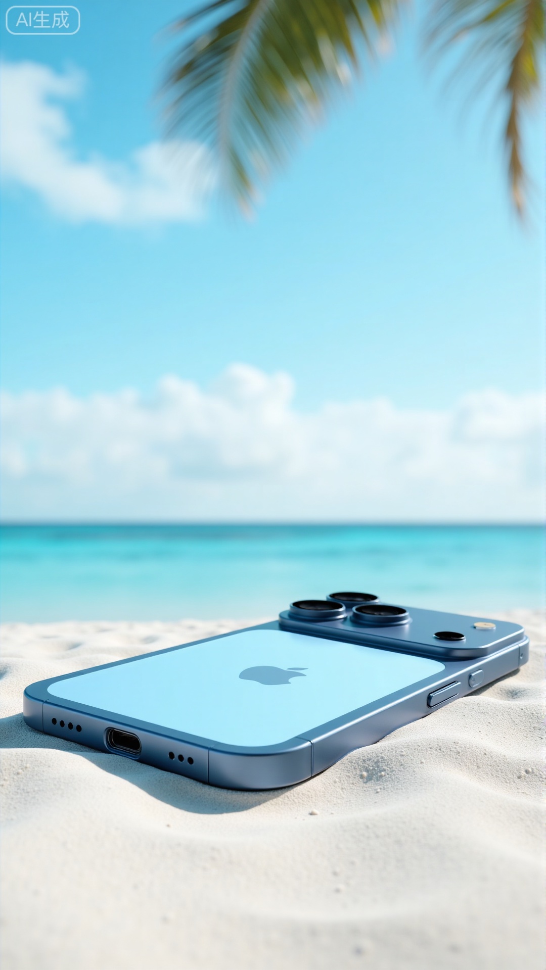 A product image of iPhone17Pro, Tiffany Blue color, lying on a white sandy beach with crystal clear water in the background. The triple camera and aluminum alloy frame are the main focus. The ocean and palm trees are beautifully blurred in a soft focus style. Large aperture..Xbigbreasts,XbaifengsongyuYH,Xiphone17air,Xiphone17proseries,Xiphone17proseries,Xiphone17air