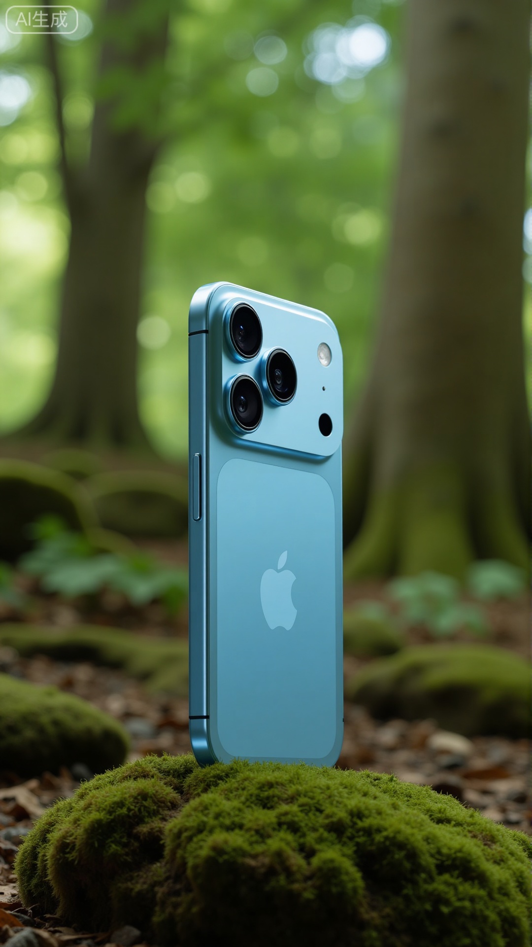 (masterpiece, best quality:1.2),A product shot of iPhone17Pro, Tiffany Blue color, placed on a mossy rock in a forest. The triple camera and the matte glass back are in sharp focus. The background is a beautifully blurred, lush forest with towering trees and filtered sunlight. Large aperture, soft focus, bokeh effect..Xbigbreasts,XbaifengsongyuYH,Xiphone17air,Xiphone17proseries,Xiphone17proseries,Xiphone17air
