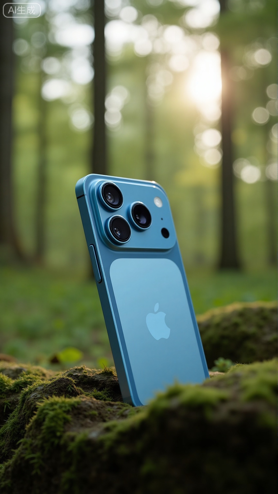 (masterpiece, best quality:1.2),A product shot of iPhone17Pro, Tiffany Blue color, placed on a mossy rock in a forest. The triple camera and the matte glass back are in sharp focus. The background is a beautifully blurred, lush forest with towering trees and filtered sunlight. Large aperture, soft focus, bokeh effect..Xbigbreasts,XbaifengsongyuYH,Xiphone17air,Xiphone17proseries,Xiphone17proseries,Xiphone17air