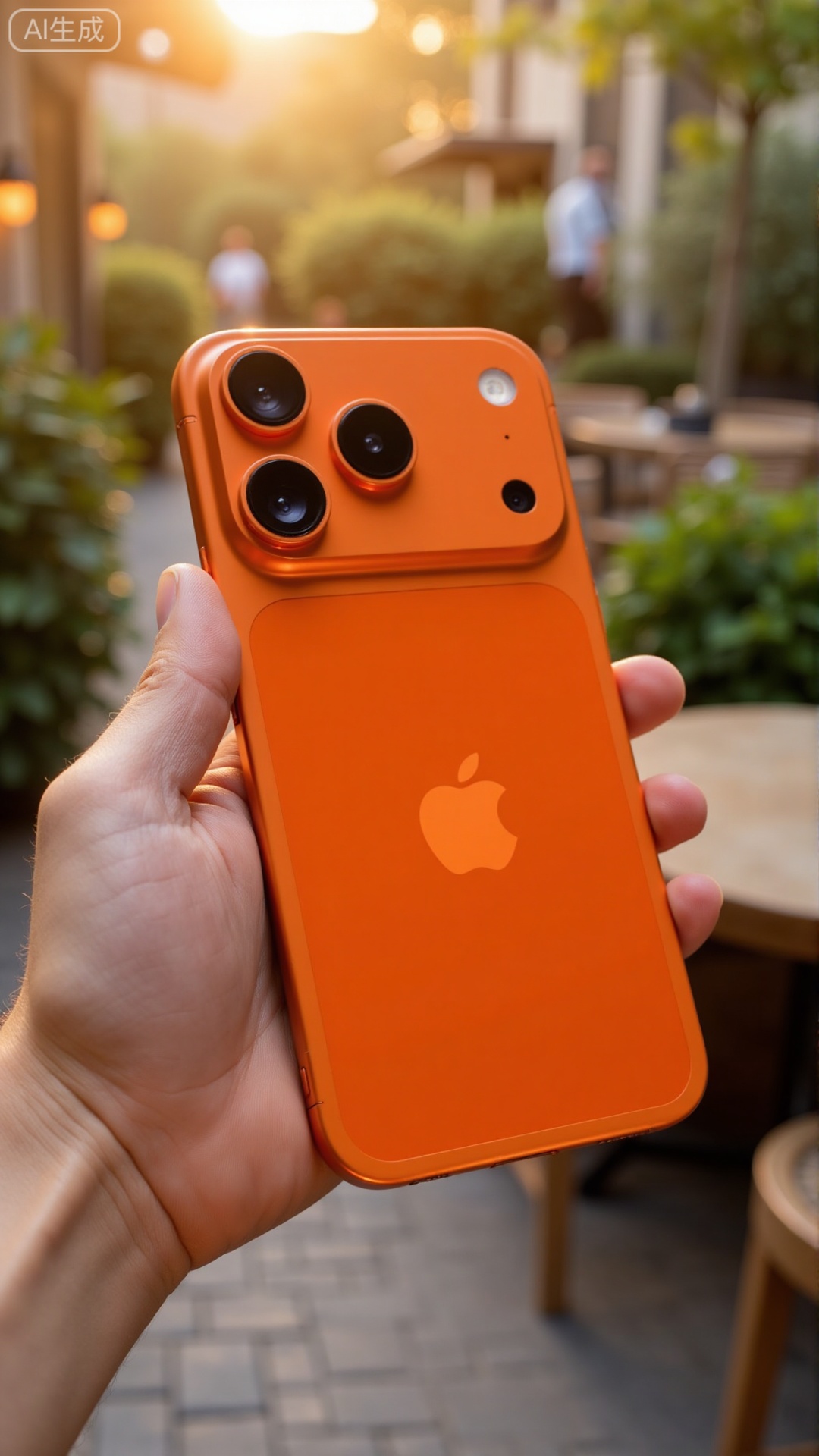 (masterpiece, best quality:1.2),A lifestyle shot of iPhone17Pro, Hermès Orange color, held in a hand, showing the back and the prominent triple camera system. The background is a blurred, sun-drenched café patio with green plants and people. Soft ambient light, a professional product photograph with bokeh effect..Xbigbreasts,XbaifengsongyuYH,Xiphone17air,Xiphone17proseries,Xiphone17proseries,Xiphone17air