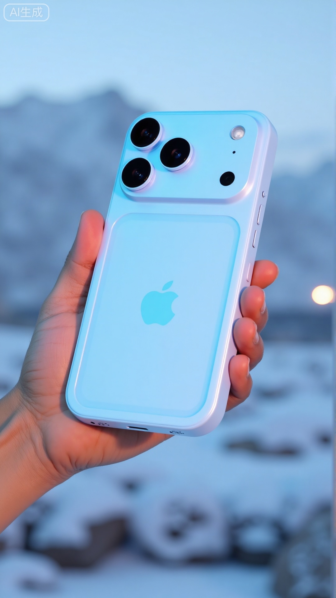 (masterpiece, best quality:1.2),a lifestyle product shot of iPhone17Pro, with a frosted ice finish, held in a hand. The back view shows the prominent triple camera and the sleek aluminum alloy frame. The background is a blurred snowy mountain landscape, with soft, cool ambient light creating a serene feel.Xbigbreasts,XbaifengsongyuYH,Xiphone17air,Xiphone17proseries,Xiphone17proseries,Xiphone17air