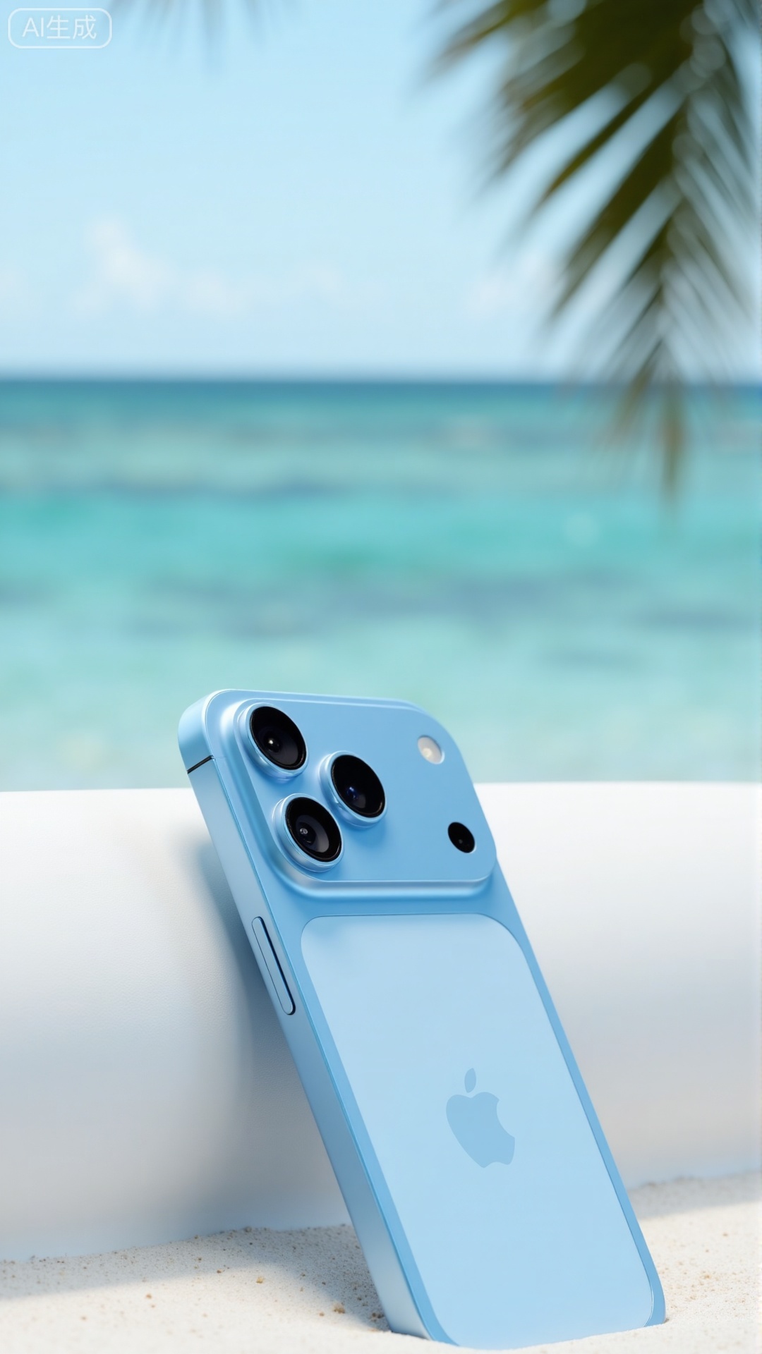 A product image of iPhone17Pro, Tiffany Blue color, lying on a white sandy beach with crystal clear water in the background. The triple camera and aluminum alloy frame are the main focus. The ocean and palm trees are beautifully blurred in a soft focus style. Large aperture..Xbigbreasts,XbaifengsongyuYH,Xiphone17air,Xiphone17proseries,Xiphone17proseries,Xiphone17air