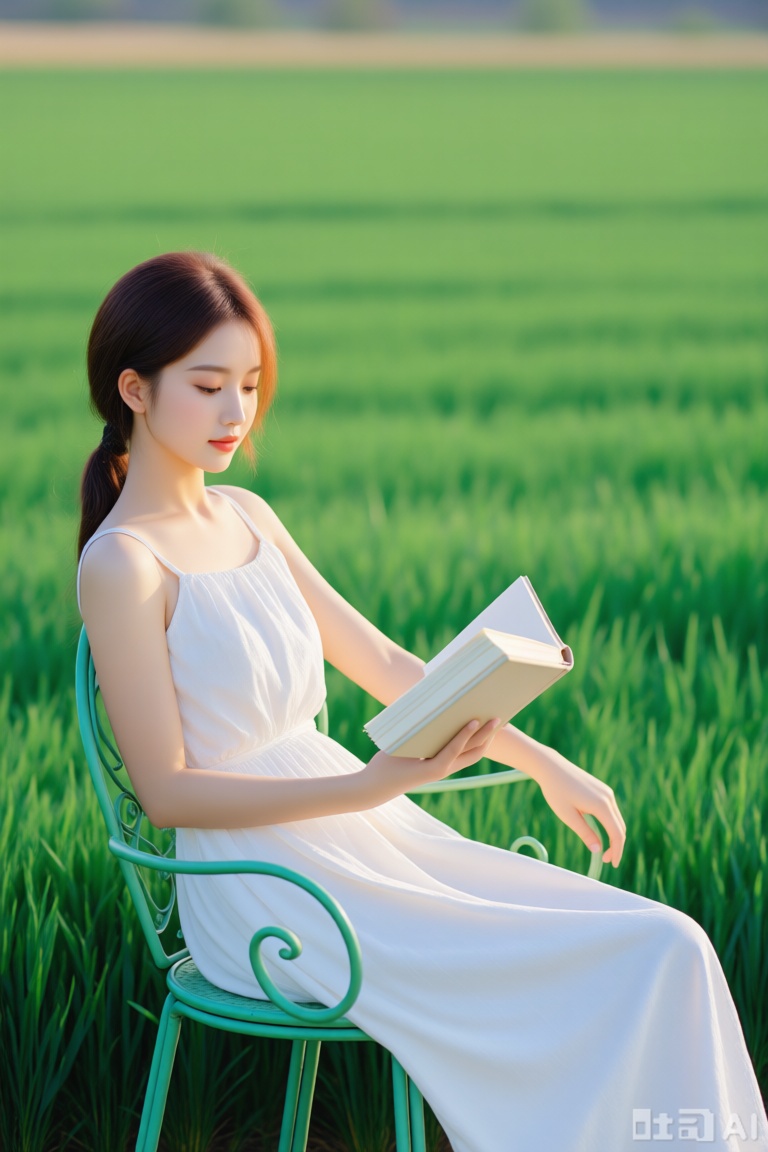 最佳质量,杰作,a beautiful young woman, dressed in a white dress, is seated on a green metal chair. She is holding a book in her left hand, with her right hand resting on the book. Her left arm is draped over the chair, while her right arm rests on the chair. The woman's hair is pulled back in a ponytail, adding a touch of color to her face. The backdrop, a lush green field stretches out to the horizon, creating a peaceful and serene atmosphere.