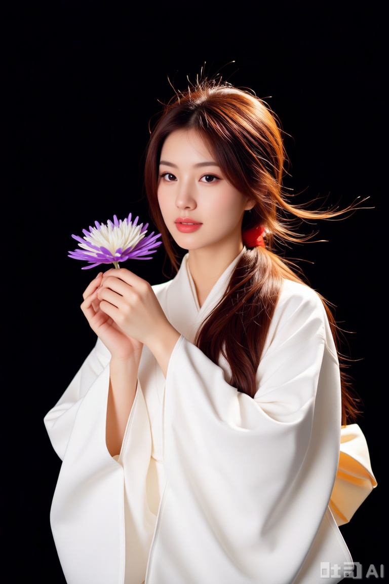 最佳质量,杰作,a woman with long brown hair, wearing a white kimono, is holding a purple and white flower in her hands. The woman's hair is pulled back, cascading down her shoulders, adding a touch of movement to her face. The background is a solid black, creating a stark contrast to the woman's white robe.