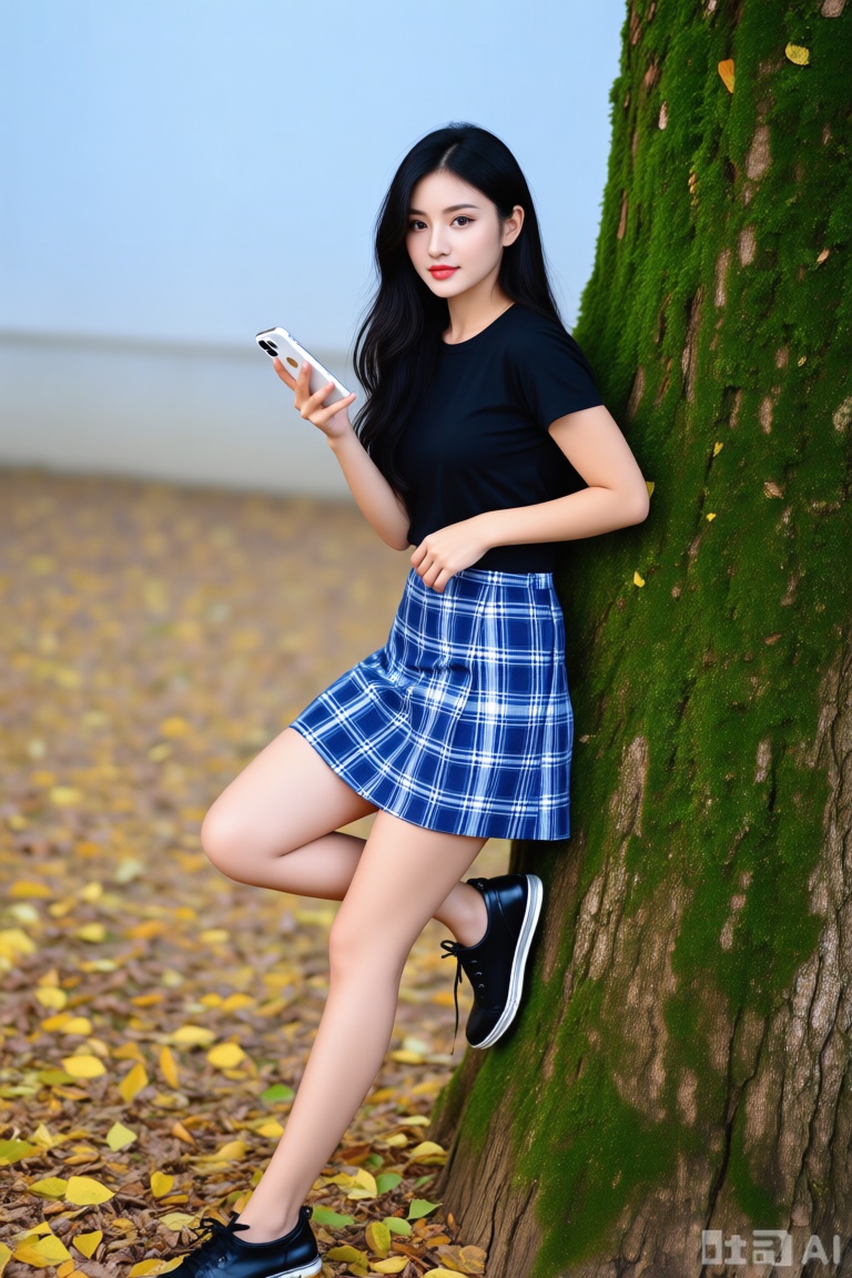 最佳质量,杰作,a woman with long black hair, dressed in a black t-shirt and a blue and white plaid skirt, is leaning against a tree trunk. She is holding a white cell phone in her right hand, her left hand resting on her hip. The woman's right leg is bent at the knee, while her left leg is resting on the trunk of the tree. The tree trunk is covered in moss, adding a touch of greenery to the scene. The leaves on the ground are a mix of yellow and brown, and the sky is a pale blue.