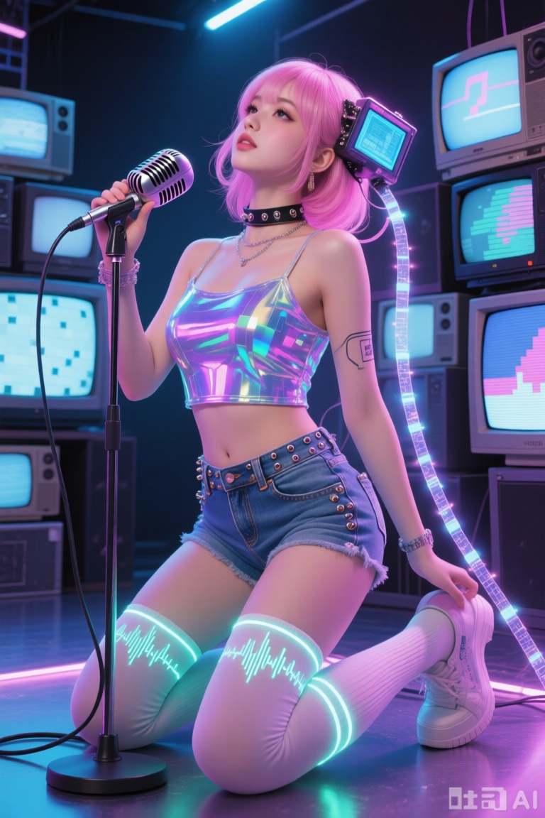 最佳质量,杰作,A holographic stage with a midground shot,where the virtual idol wears a 2000s retro crop top **** of programmable liquid crystal fabric that changes Y2K pixel patterns to the rhythm of the music. She kneels on one knee holding an old-fashioned microphone,while the microphone cable turns into a data stream connecting to an interface at the back of her head. The rivets on her denim hot pants are actually tiny speakers. LED strips on her knee-high socks form volume waveform graphics,and the choker around her neck converts fan comments into skin-electric-stimulation signals. In the background,there is a wall of CRT monitors with glitch art effects. When she tilts her chin up,a 3D scanner hidden among her pink wig captures the subtle facial expressions of the entire audience.,