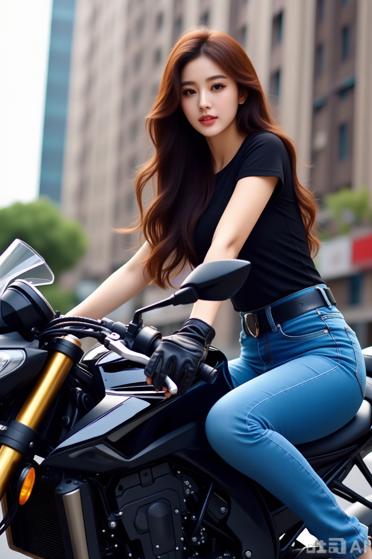 最佳质量,杰作,a woman with long brown hair, dressed in a black t-shirt and blue jeans, is seated on a black motorcycle. She is wearing a black glove on her right hand and her left hand is resting on the handlebars of the motorcycle. The motorcycle is parked on a city street, with a tall building in the background.