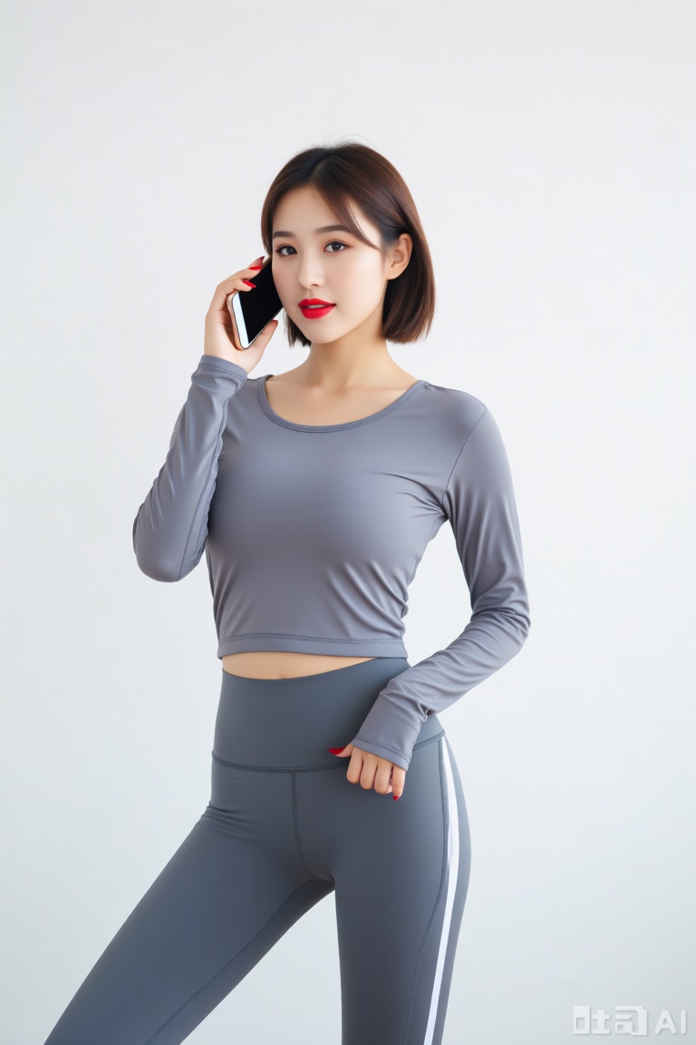 最佳质量,杰作,a young Asian woman stands in a stark white room, holding a phone in her right hand. She is dressed in a gray long-sleeved t-shirt and a pair of gray leggings with a white stripe down the side. Her hair is styled in a sleek bob, and her lips are painted a vibrant red. The woman's right hand is adorned with red nail polish, adding a pop of color to her outfit. The backdrop is a stark stark white wall, creating a stark contrast to the woman's outfit.