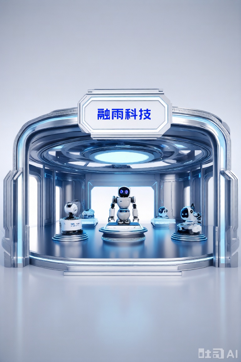展厅展台,一个科技感十足的展厅,里面陈列这几台机器人,门头文字"融雨科技"