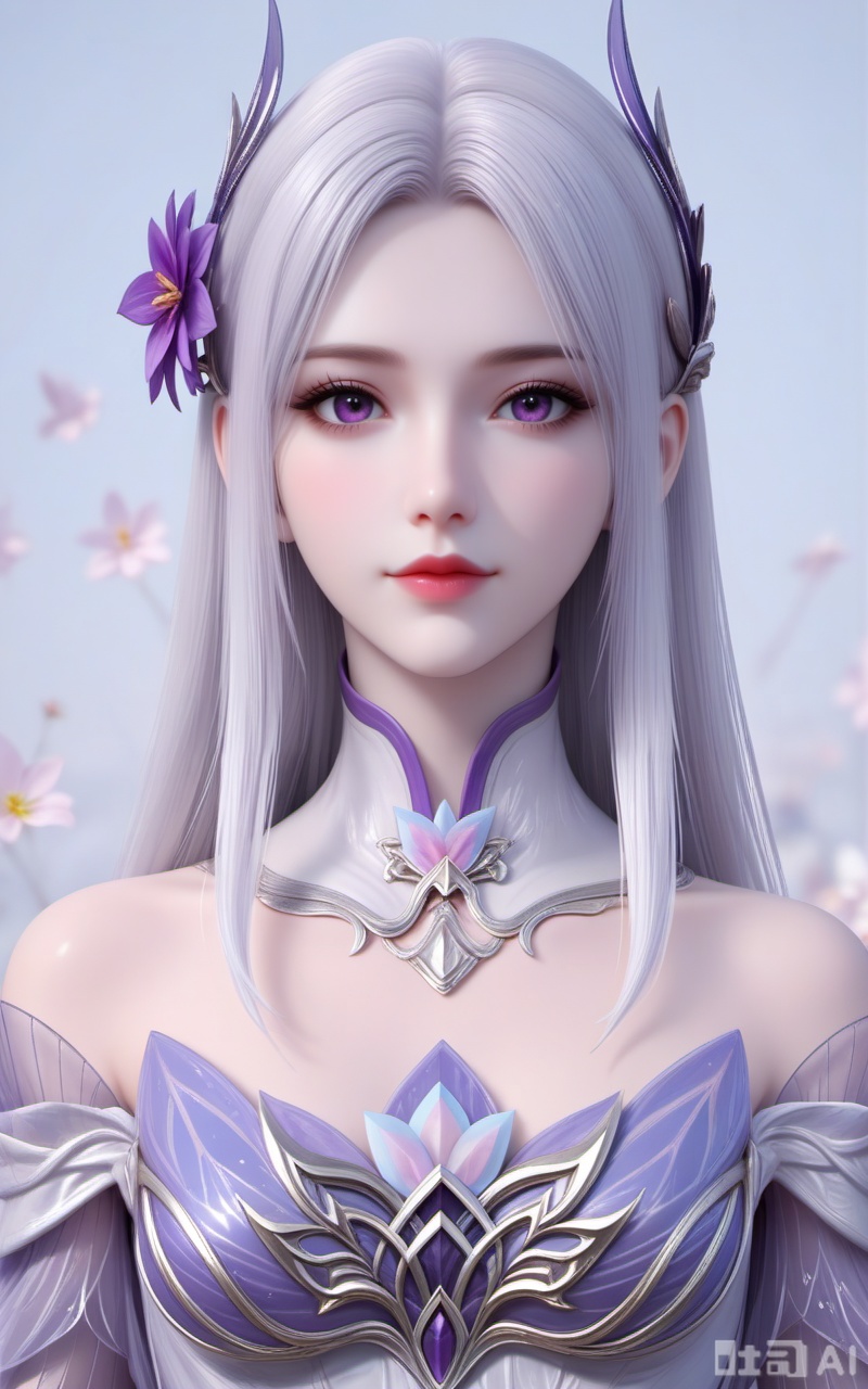 Close-up details,outstanding style,adding a touch of dimension to your images without compromising details,whirls of vapor,iridescent textures,(Anime:1.1),soft neon light,ethereal ambiance,delicate details,magical atmosphere,concept art,highly detailed,ultra-high resolution,32K UHD,sharp focus,best-quality,masterpiece,golden hour,unconventional supreme masterpiece,masterful details,temperate atmosphere,with a high-end texture,in the style of fashion photography,cover,Dynamic Angle,Dynamic posture,xiaoyixian, 1girl, hair ornament, long hair, solo, upper body, dress, flower, bare shoulders, looking at viewer, white hair, detached collar, white dress, closed mouth, purple eyes,17