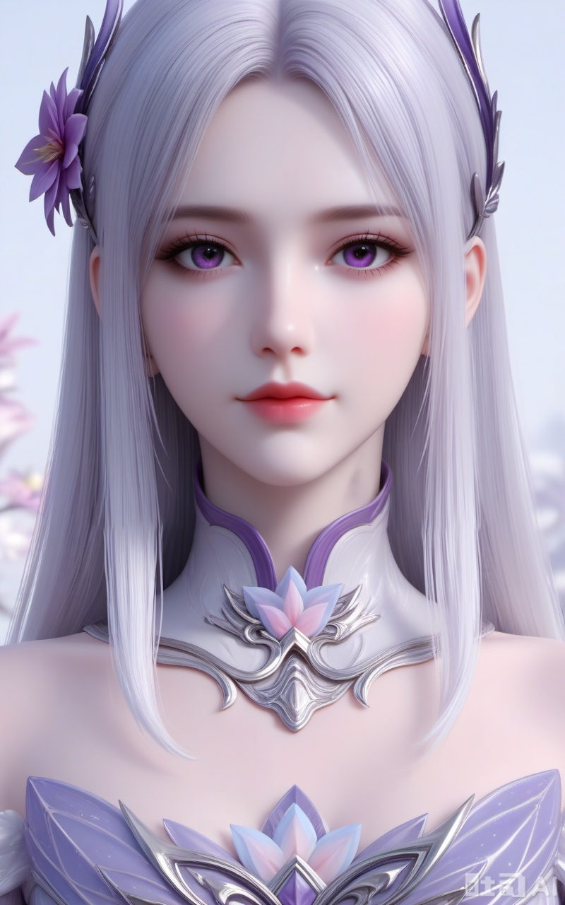 Close-up details,outstanding style,adding a touch of dimension to your images without compromising details,whirls of vapor,iridescent textures,(Anime:1.1),soft neon light,ethereal ambiance,delicate details,magical atmosphere,concept art,highly detailed,ultra-high resolution,32K UHD,sharp focus,best-quality,masterpiece,golden hour,unconventional supreme masterpiece,masterful details,temperate atmosphere,with a high-end texture,in the style of fashion photography,cover,Dynamic Angle,Dynamic posture,xiaoyixian, 1girl, hair ornament, long hair, solo, upper body, dress, flower, bare shoulders, looking at viewer, white hair, detached collar, white dress, closed mouth, purple eyes,17