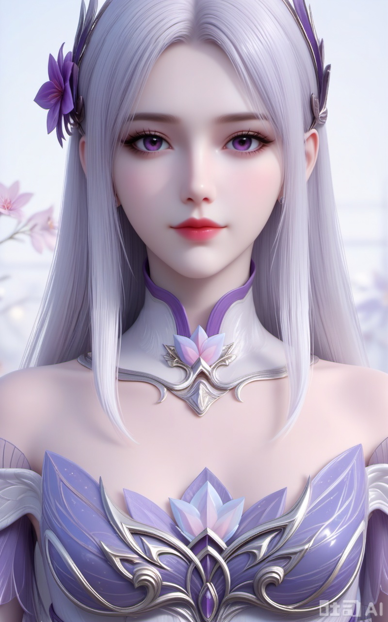 Close-up details,outstanding style,adding a touch of dimension to your images without compromising details,whirls of vapor,iridescent textures,(Anime:1.1),soft neon light,ethereal ambiance,delicate details,magical atmosphere,concept art,highly detailed,ultra-high resolution,32K UHD,sharp focus,best-quality,masterpiece,golden hour,unconventional supreme masterpiece,masterful details,temperate atmosphere,with a high-end texture,in the style of fashion photography,cover,Dynamic Angle,Dynamic posture,xiaoyixian, 1girl, hair ornament, long hair, solo, upper body, dress, flower, bare shoulders, looking at viewer, white hair, detached collar, white dress, closed mouth, purple eyes,17
