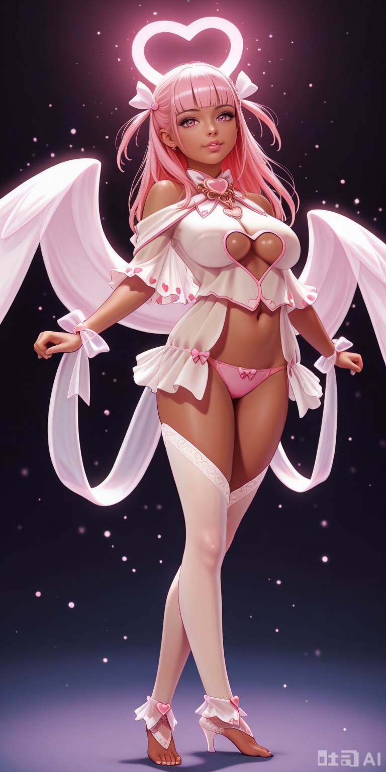 1girl,huge_breasts,looking_at_viewer,tiptoes,Energy Blast. masterpiece, best quality, absurdres, newest, very aesthetic, ((crunch on pedestal, hell gates, crouch. ))amazing quality,highres,sensitive,hyper detailed, (dynamic pose:1.4),CREATECONCEPT, ADD MICRODETAILS.,hourimge,hourimge, heart-shaped pupils, symbol-shaped pupils, pink wings,
heart-shaped halo,pink hair, long hair, two side up, bangs, pink eyes, medium breasts, dark skin, dark-skinned female,pink panties, bow panties, pink thighhighs, toeless thigh highs, see-through clothes, white lingerie, negligee, pink drapery, clothing cutout, center opening, heart cutout, heart ornaments, heart jewelry, heart pendant, heart print, hair ribbon, wrist ribbon, bowtie, inner side boob, navel, bare shoulders.,SEXYPER,