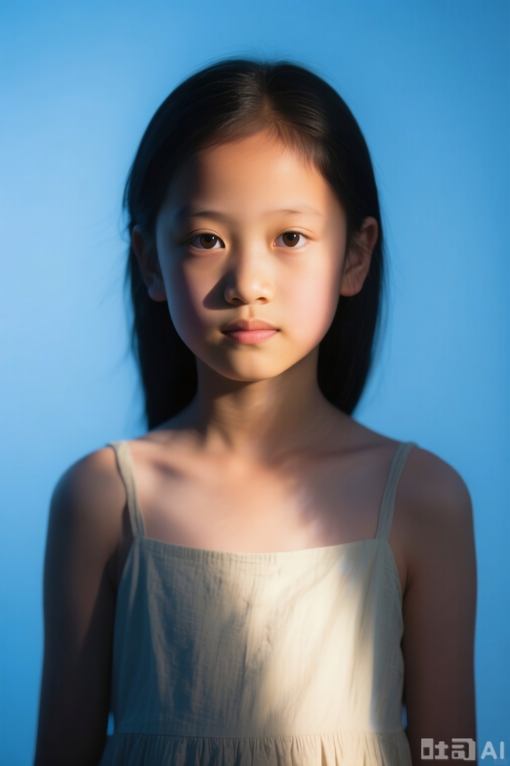 A serene solo portrait of a 10yo girl, gazing calmly ahead with her upper body in the warmth of bright light and shadow., set against a serene blue background that fades into simplicity. The Fujifilm XT4 camera, equipped with an 85mm lens at f/1.2, captures every detail with superlative clarity, as if painted by chiaroscuro's masterful brushstrokes. A reflection of light dances across her skin, inviting the viewer to linger in this moment of quiet contemplation.

