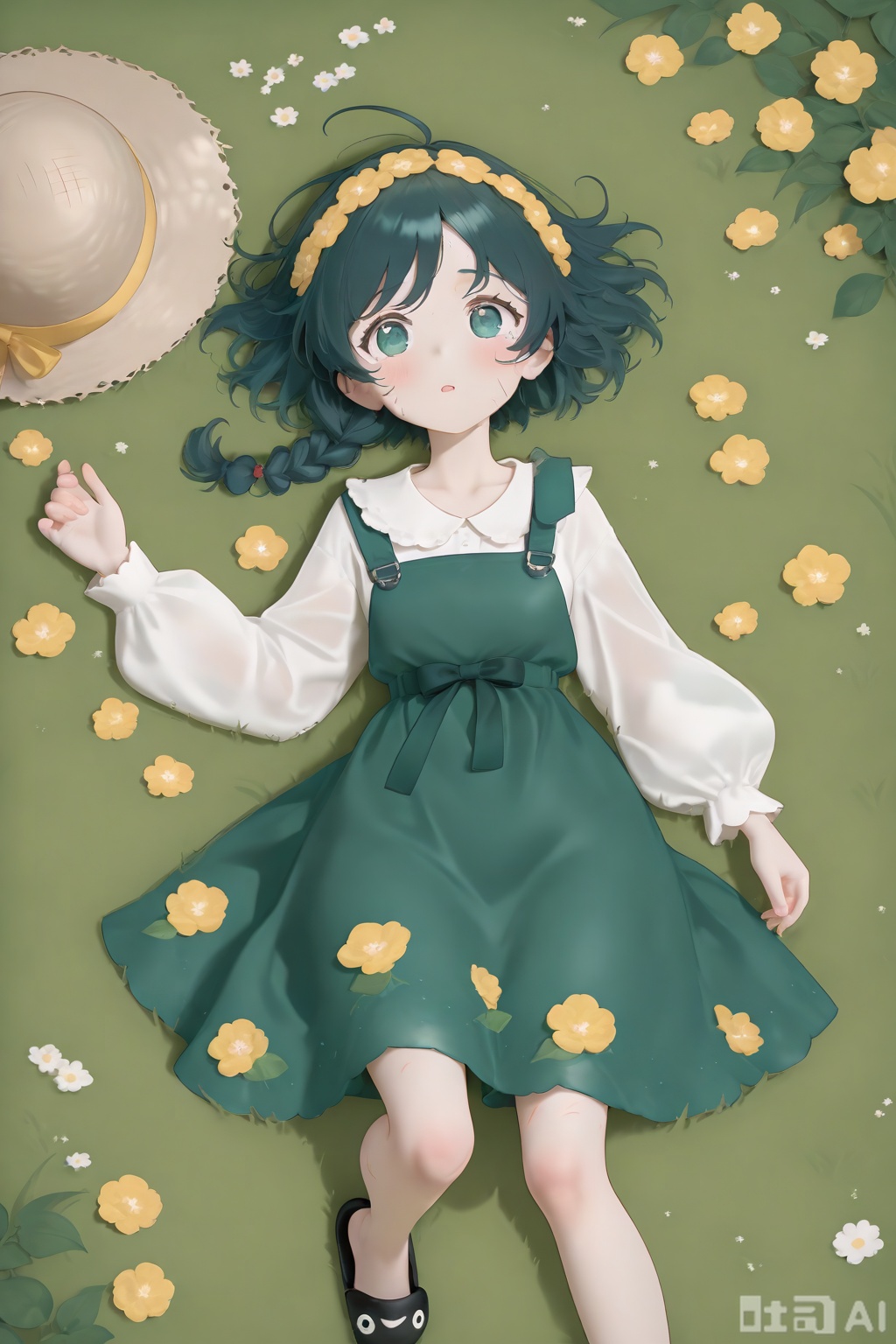 In the picture, there is a girl with an extremely exaggerated black braid and tied her hair in a yellow floral hairband. The characters are exaggerated in proportion and abstract. She was wearing a soft green dress, which was very dynamic. He held a straw hat casually in his hand. Wear black slippers. Yellow flowers are dotted around the characters, some of which are placed on the green grass and some are scattered in the air. The background is simple and white, and the overall shape is simple and full of vitality. Lively atmosphere. The characters are outlined with simple and smooth lines, and the watercolor wet painting style is used. The color is painted casually and naturally, and the painting of flowers and grass has obvious scratches of scraper brushstrokes. The overall color atmosphere and visual experience convey the relaxed and lively artistic effect.