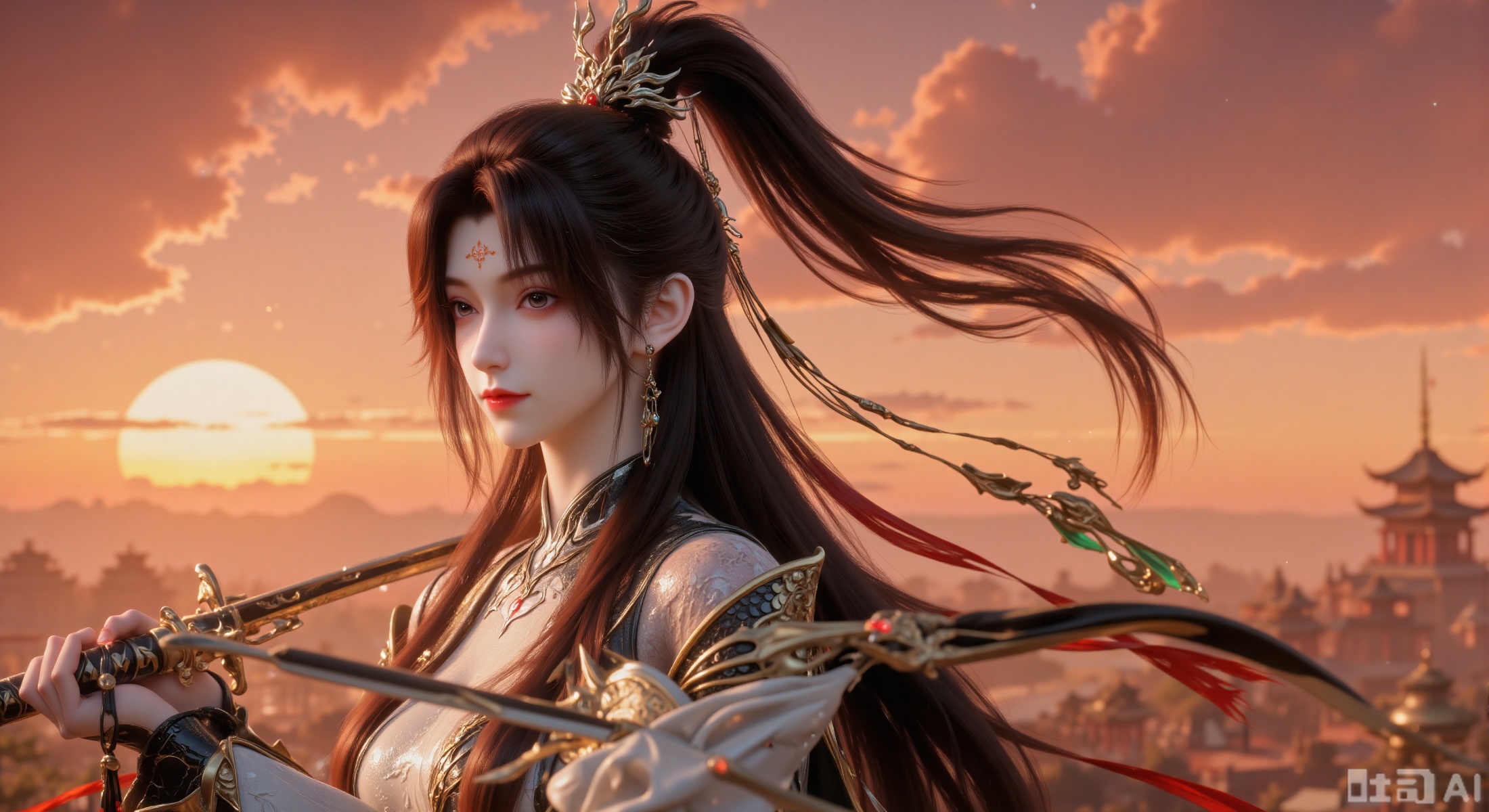 (masterpiece, best quality, official art, ultra-detailed, 8k wallpaper:1.3), 1 beautiful Chinese ancient-style woman, full body shot, long black hair, exquisite hair accessories and ornaments, wearing an elegant white hanfu with black and golden shoulder armor, red rope accents and green bead decorations, cold and focused expression, holding a long sword with both hands in a ready stance, (close-up shot:1.2), highlighting the character, behind is a warm sunset sky in orange and yellow hues, distant silhouette of ancient palaces or towers, sharp focus, dramatic lighting, strong contrast between cool character and warm background, wuxia style, concept art, trending on artstation,yws,cy