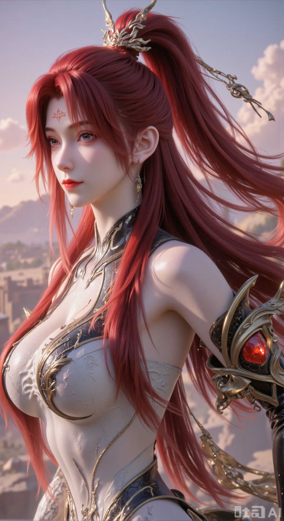 (masterpiece, best quality, official art, ultra-detailed, 8k wallpaper:1.3), 1 beautiful and fierce woman, full body shot, (vibrant long red hair in a high ponytail:1.3), hair flowing in the wind, intricate golden headpiece on forehead, determined gaze looking into the distance, silver-gray form-fi
