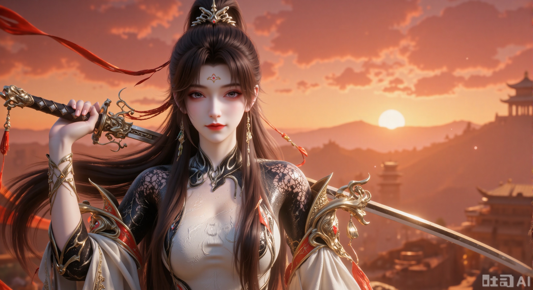 (masterpiece, best quality, official art, ultra-detailed, 8k wallpaper:1.3), 1 beautiful Chinese ancient-style woman, full body shot, long black hair, exquisite hair accessories and ornaments, wearing an elegant white hanfu with black and golden shoulder armor, red rope accents and green bead decorations, cold and focused expression, holding a long sword with both hands in a ready stance, (close-up shot:1.2), highlighting the character, behind is a warm sunset sky in orange and yellow hues, distant silhouette of ancient palaces or towers, sharp focus, dramatic lighting, strong contrast between cool character and warm background, wuxia style, concept art, trending on artstation,yws,cy