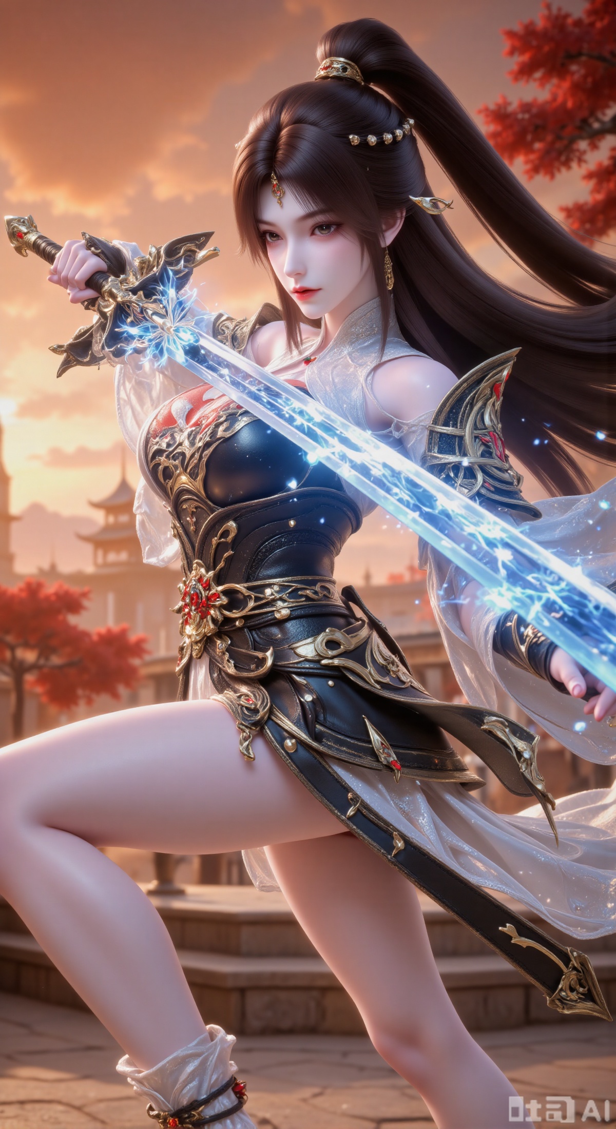(Masterpiece quality, best image quality, official art style, ultra-detailed, dynamic angle:1.3), 1 beautiful woman in combat, high ponytail (swinging a long sword with bright blue energy aura and snowflake particle effects:1.4), flowing long hair, wearing a black-and-white combat outfit with a flowing cape or ribbon, combat pose, floating in mid-air, (fierce and determined expression:1.1), background of a warm-toned sunset sky showing orange and yellow gradients, silhouettes of dark red trees, strong contrast between the cool blue long sword and the warm-toned background, high motion blur effect, cinematic lighting, epic fantasy battle scene, sharp focus on the character, concept art style