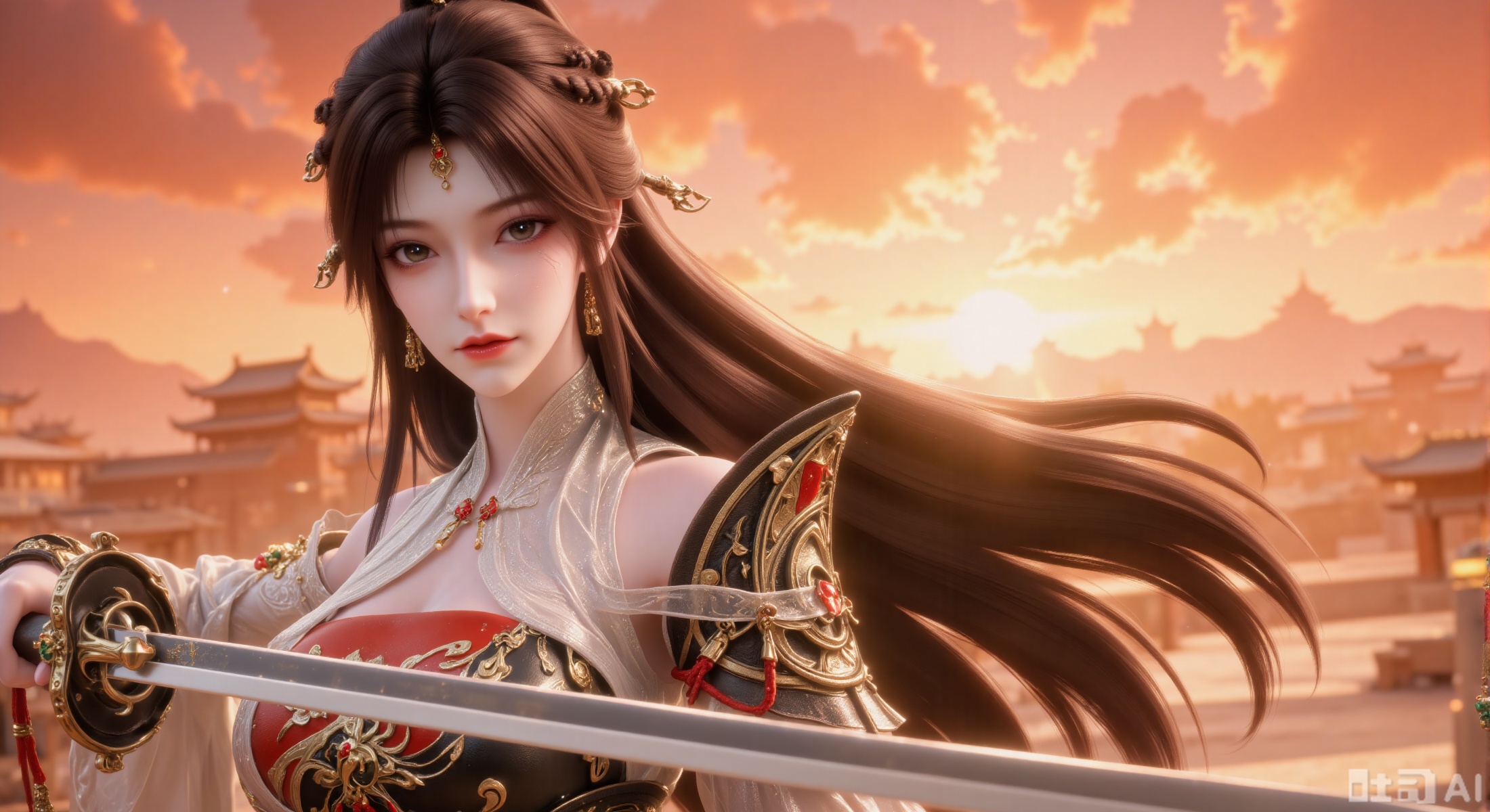 (masterpiece, best quality, official art, ultra-detailed, 8k wallpaper:1.3), 1 beautiful Chinese ancient-style woman, full body shot, long black hair, exquisite hair accessories and ornaments, wearing an elegant white hanfu with black and golden shoulder armor, red rope accents and green bead decorations, cold and focused expression, holding a long sword with both hands in a ready stance, (close-up shot:1.2), highlighting the character, behind is a warm sunset sky in orange and yellow hues, distant silhouette of ancient palaces or towers, sharp focus, dramatic lighting, strong contrast between cool character and warm background, wuxia style, concept art, trending on artstation,yws