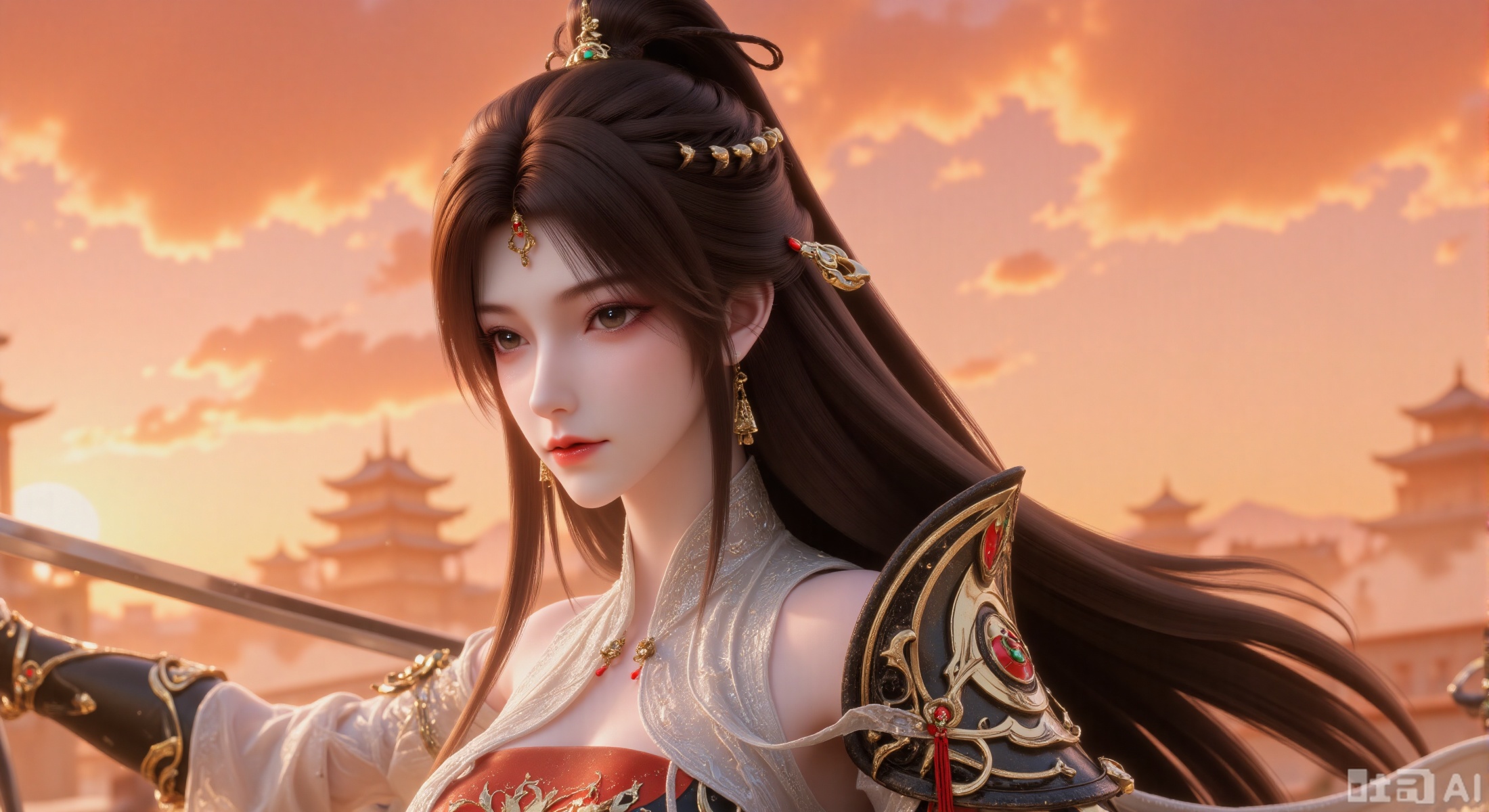 (masterpiece, best quality, official art, ultra-detailed, 8k wallpaper:1.3), 1 beautiful Chinese ancient-style woman, full body shot, long black hair, exquisite hair accessories and ornaments, wearing an elegant white hanfu with black and golden shoulder armor, red rope accents and green bead decorations, cold and focused expression, holding a long sword with both hands in a ready stance, (close-up shot:1.2), highlighting the character, behind is a warm sunset sky in orange and yellow hues, distant silhouette of ancient palaces or towers, sharp focus, dramatic lighting, strong contrast between cool character and warm background, wuxia style, concept art, trending on artstation,yws