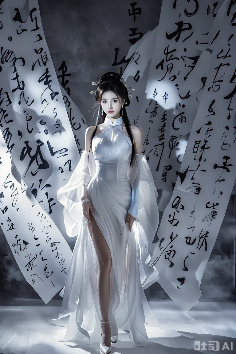该图像描绘了一个女人站在戏剧性的艺术环境中。她穿着一条飘逸,优雅的白色礼服,露出高缝隙,露出腿。她的头发在旧式上饰有精致的配饰。背景具有大型的对角线画布,中国书法具有深度和文化丰富感。照明柔软而专注,铸造了微妙的阴影,可以增强整体戏剧性效果。女人的姿势是自信和镇定的,散发着一种优雅和精致的感觉。