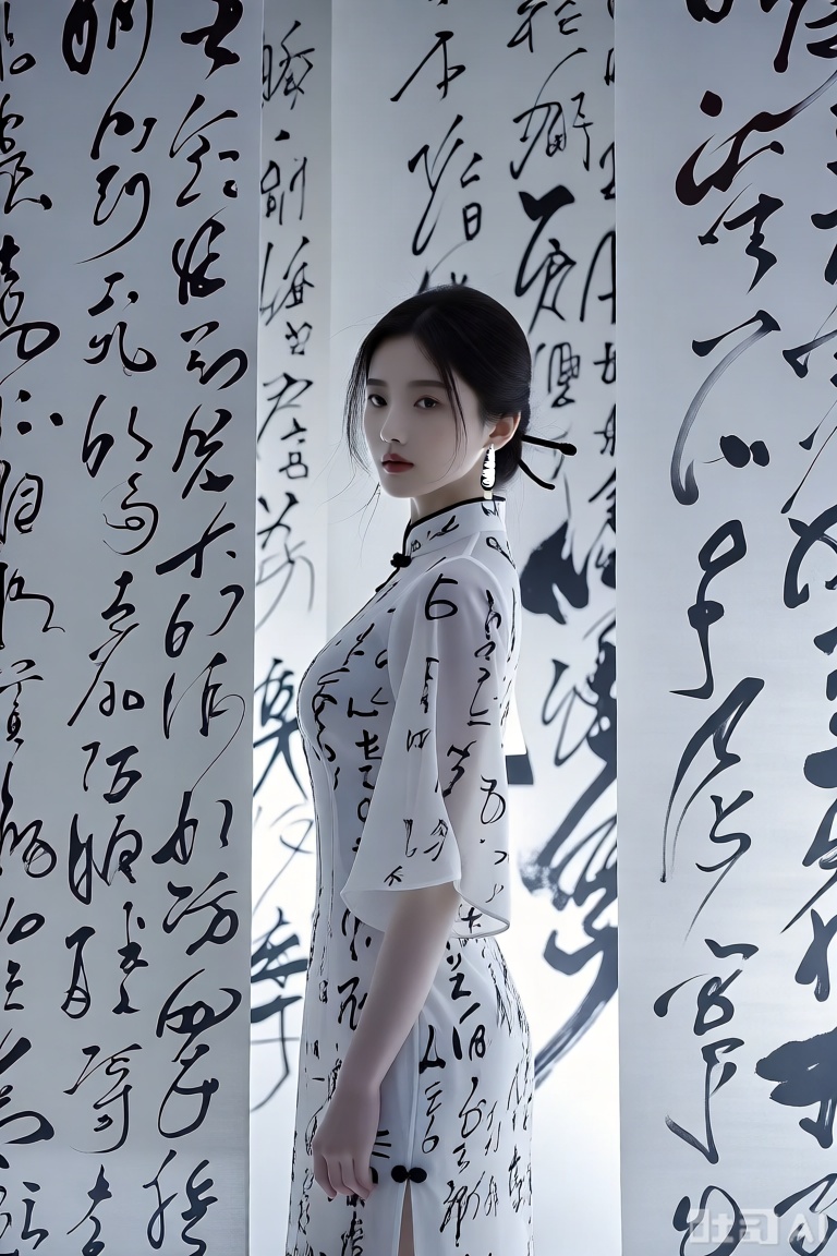 画面描绘了一位女子站在中国传统书法卷轴前。她身着白色连衣裙,饰有黑色书法图案,显得传统而优雅。她头发梳理整齐,佩戴一对耳环。背景中的书法卷轴上绘有各种汉字,为画面增添了文化艺术元素。整体氛围宁静而富有艺术感,重点突出了女子与书法之间的交融。