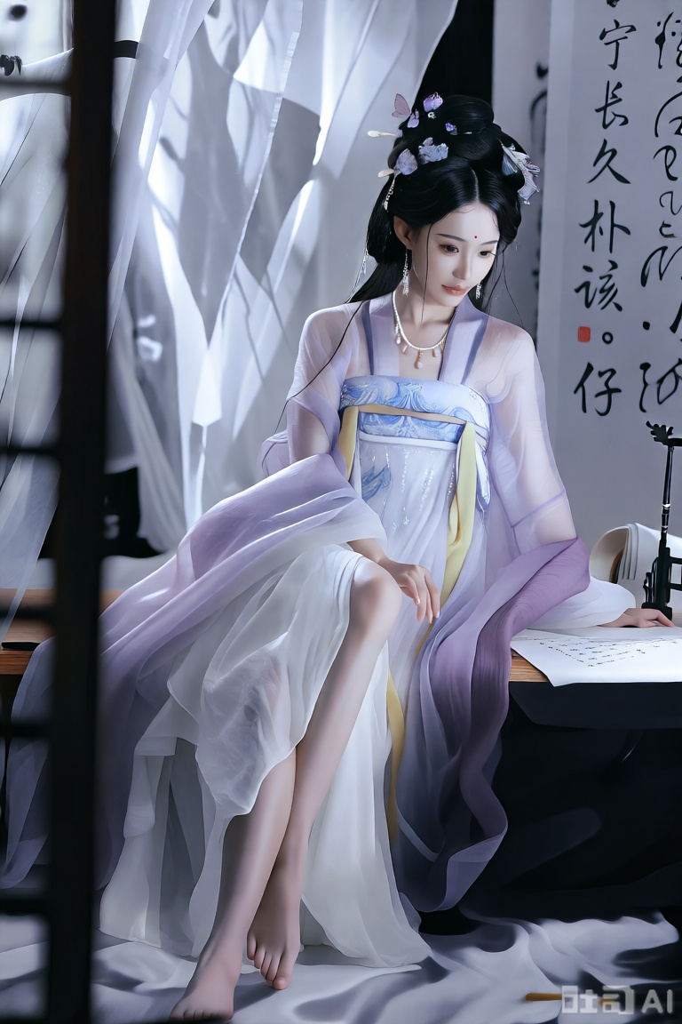画面呈现一位身着改良汉服的女子,发髻高挽,插饰精致花形、蝶形发簪,额间一点红痣,尽显古典韵味。她身着淡紫与白色为主色调的汉服,抹胸式上襦绘有蓝纹,外搭同色系薄纱广袖披帛,腰系黄带,下裙轻盈,开衩设计露出修长双腿。颈间珍珠项链增添温婉气质,耳饰精致。她坐姿优雅,赤脚轻搭,手置案几,案上摆放纸笔,背景是朦胧纱帘,白色的墙壁上写着“宁长久朴该仔”的文字,整体融合传统汉服元素与现代审美,营造出古典又时尚的氛围,从发型、妆容到服饰细节,展现出独特的东方美学,仿佛从古典画卷中走出,在静谧空间书写诗意。