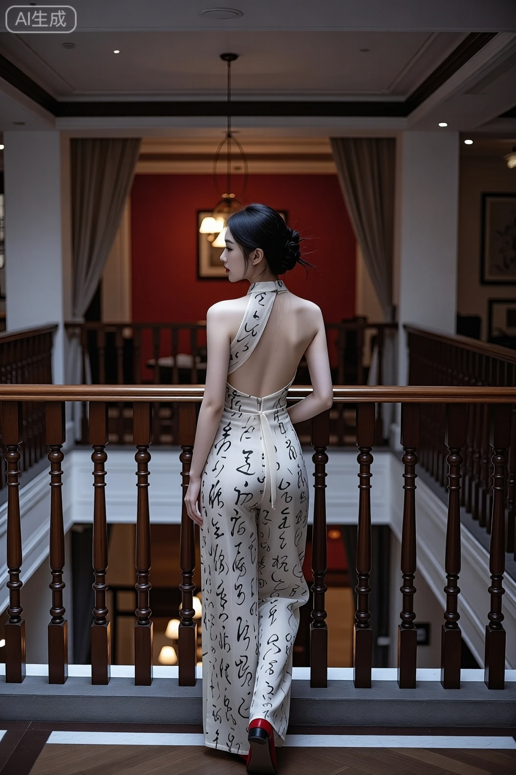 室内场景中,一位女性背对镜头站在带有木质栏杆的区域。她穿着带有黑色书法文字的浅色系露背连身裤,搭配红色的鞋子,头发盘起。背景是带有红色墙面、吊灯以及木质装饰的空间,整体环境显得较为雅致。