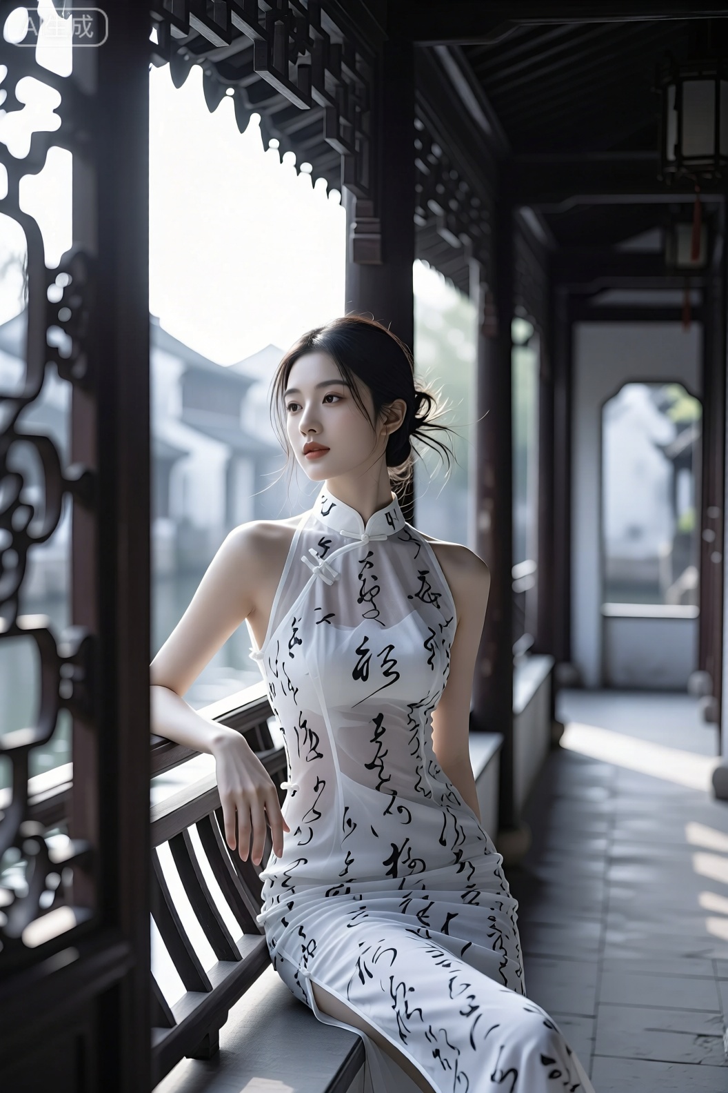 主体描述：女性眼神温柔而坚定,微扬下巴,露出自信浅笑。头发随意挽起,几缕碎发自然垂落。身着白底黑字书法纹样微透旗袍,一只手轻搭在栏杆上,身姿坐着,展现出优雅气质。场景设定：采用中景,背景为带有复古雕花的木质回廊,远处可见朦胧的江南水乡景色。光线：利用清晨或傍晚的柔和逆光,勾勒出女性曼妙轮廓,再用反光板适当补光于面部和身体前侧。渲染：营造出静谧且富有诗意的氛围。色彩：以白、黑为主色调,与古朴的回廊木色相互映衬。构图：采用框架构图,以回廊的雕花作为框架,将女性置于其中。拍摄角度：稍仰拍,凸显女性的优雅与高挑。滤镜：淡复古色调滤镜,增强画面的年代感。摄影参数：使用徕卡SL2 相机,搭配APO - Summicron - SL 90mm f/2 ASPH 镜头,快门1/125s,光圈f/2.2,焦段90mm。