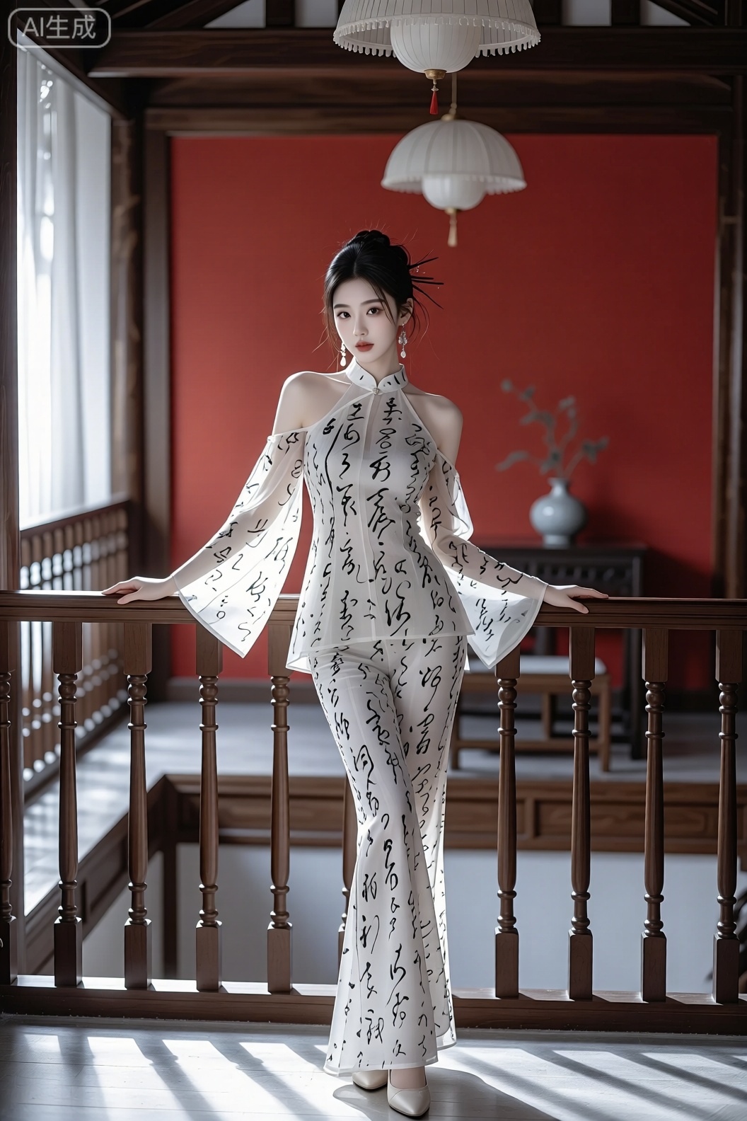 室内场景中,一位女性在带有木质栏杆的区域摆姿。她穿着带有黑色书法文字的浅色系露肩上衣与同系列喇叭裤,搭配浅色的鞋子,头发盘起并佩戴耳饰。背景是带有红色墙面、吊灯以及木质装饰的空间,整体环境雅致,光线明亮。