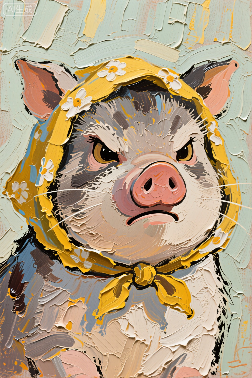 油画,梵高风格作品,欧美艺术插画,绘本插画,一只戴着黄色花头巾的小猪,笔触细腻,油画笔触明显,写意,极简,猫咪的脸圆嘟嘟,表情严肃,好像在生气,超近景手绘插图,Q版。,Scraper thick - painted oil painting style