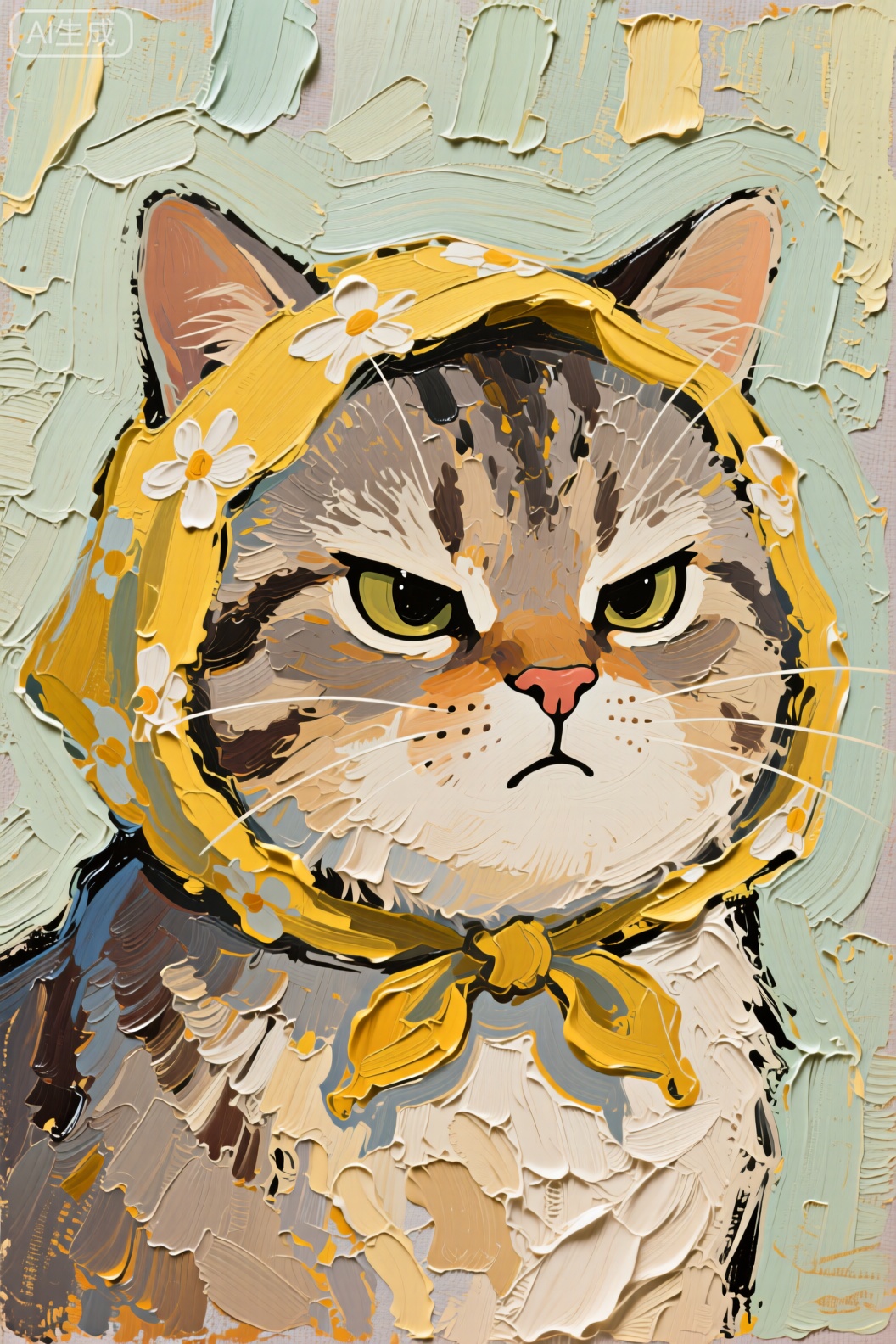 油画,梵高风格作品,欧美艺术插画,绘本插画,一只戴着黄色花头巾的猫咪,笔触细腻,油画笔触明显,写意,极简,猫咪的脸圆嘟嘟,表情严肃,好像在生气,超近景手绘插图,Q版。,Scraper thick - painted oil painting style