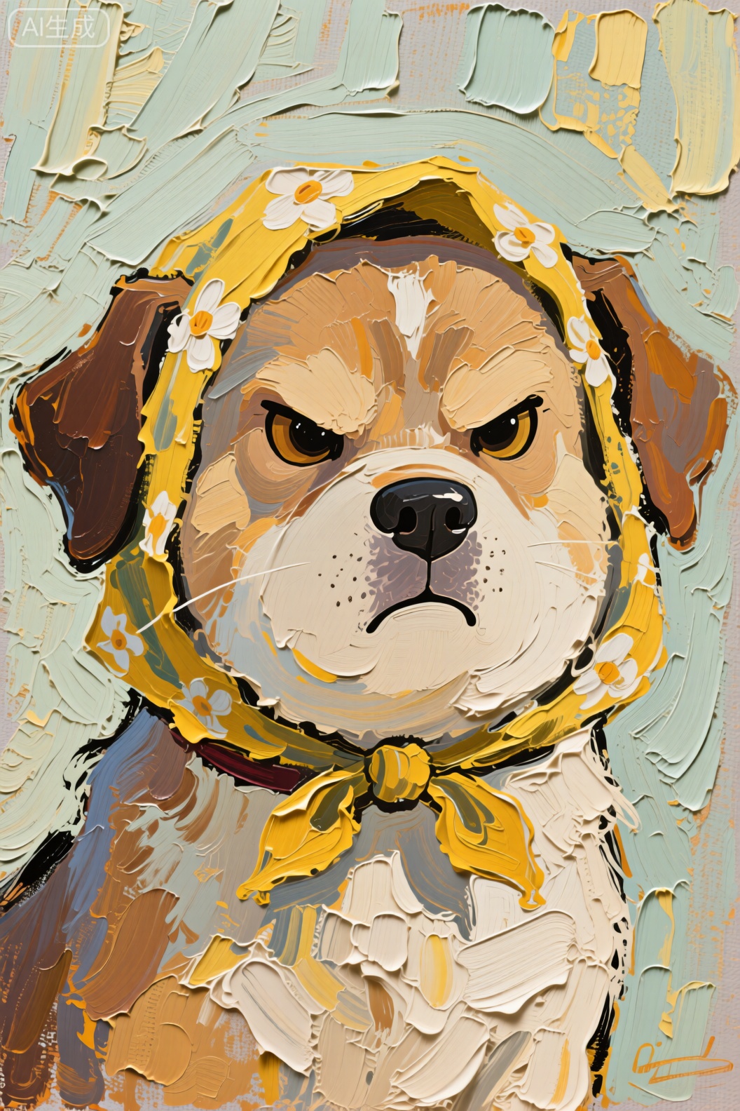 油画,梵高风格作品,欧美艺术插画,绘本插画,一只戴着黄色花头巾的小狗,笔触细腻,油画笔触明显,写意,极简,猫咪的脸圆嘟嘟,表情严肃,好像在生气,超近景手绘插图,Q版。,Scraper thick - painted oil painting style
