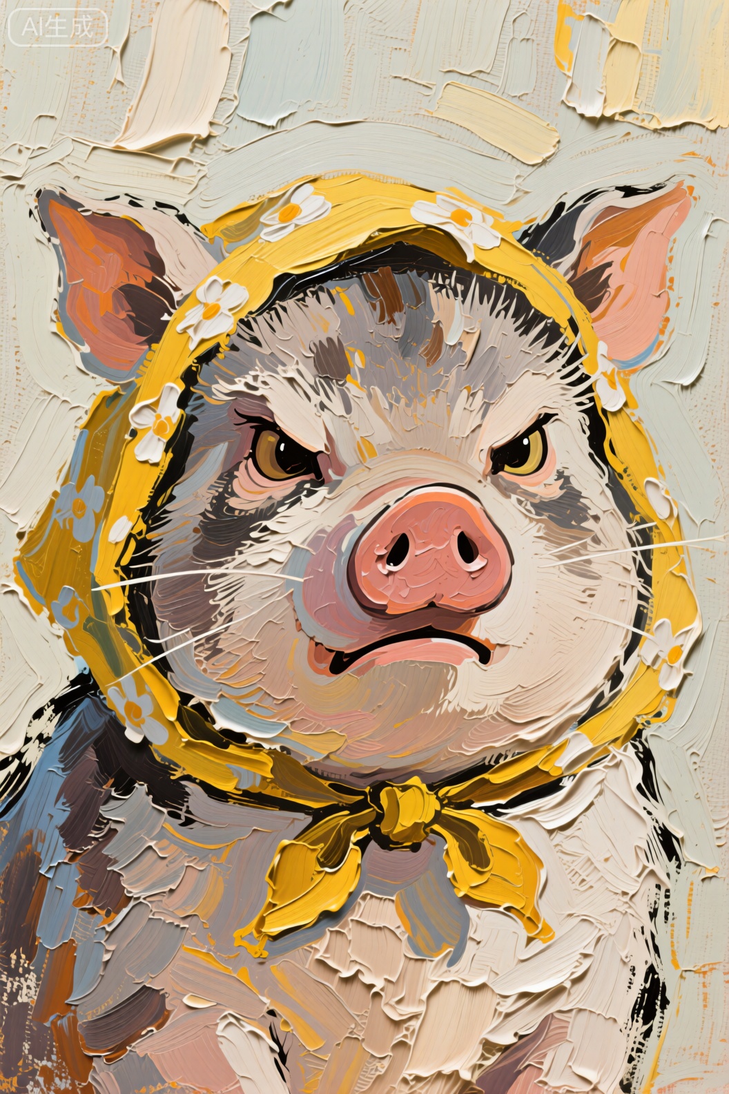 油画,梵高风格作品,欧美艺术插画,绘本插画,一只戴着黄色花头巾的小猪,笔触细腻,油画笔触明显,写意,极简,猫咪的脸圆嘟嘟,表情严肃,好像在生气,超近景手绘插图,Q版。,Scraper thick - painted oil painting style
