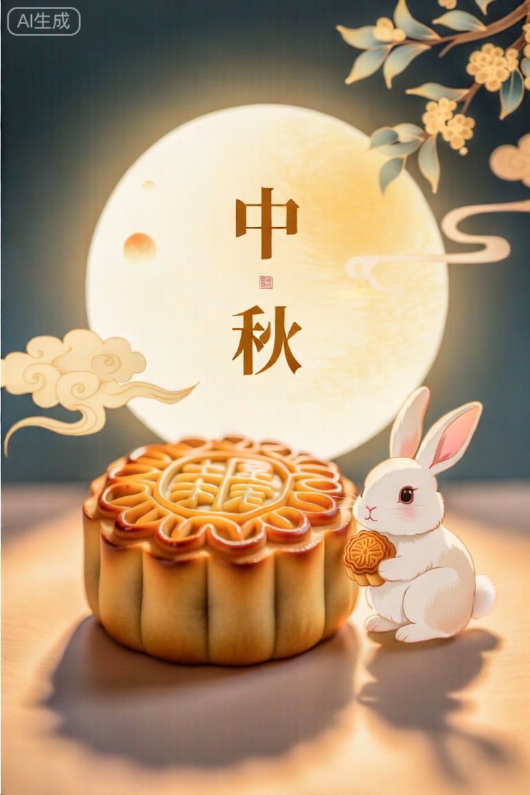 以中秋节为主题的平面插画,海报标题“中秋”醒目地置于上方。画面中心是精致的月饼,馅料饱满,散发诱人香气。旁边一只可爱的玉兔抱着月饼,憨态可掬。背景是中国传统的圆形月亮,周围环绕着祥云,增添了浓浓的节日氛围和中文元素。 