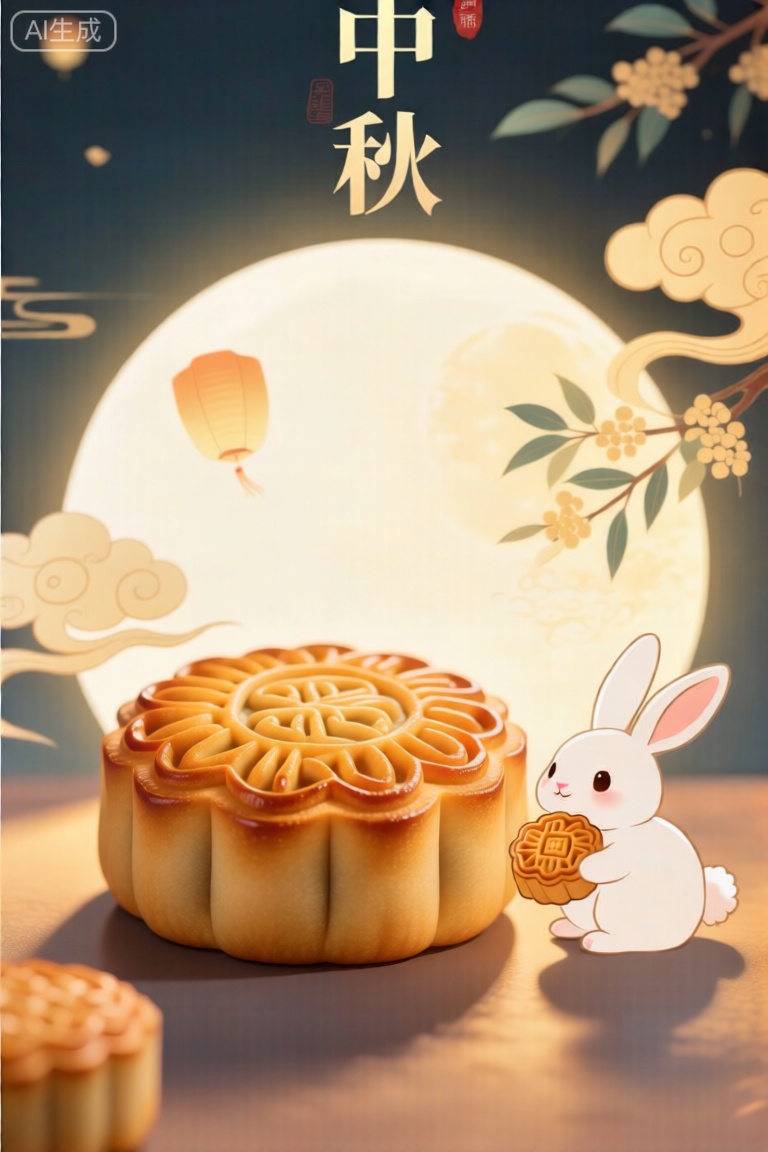 以中秋节为主题的平面插画,海报标题“中秋”醒目地置于上方。画面中心是精致的月饼,馅料饱满,散发诱人香气。旁边一只可爱的玉兔抱着月饼,憨态可掬。背景是中国传统的圆形月亮,周围环绕着祥云,增添了浓浓的节日氛围和中文元素。,4k,中秋节平面插画