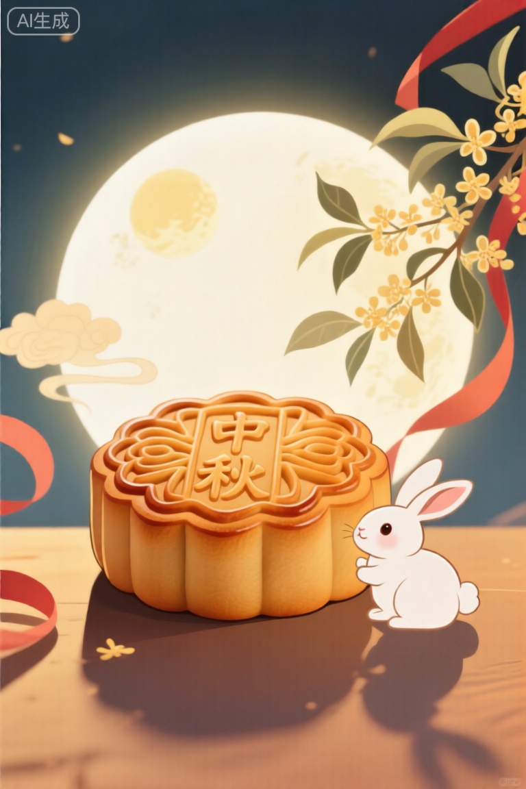 画面以中秋节为主题,采用平面插画风格。画面中心是一个精美的传统月饼,月饼上印有“中秋”二字。旁边一只可爱的玉兔手持桂花,正好奇地看着月饼。背景是一轮明月,月中有隐约的桂树,周围飘着写有“团圆”的红色丝带,营造出浓浓的中秋氛围。,4k,中秋节平面插画