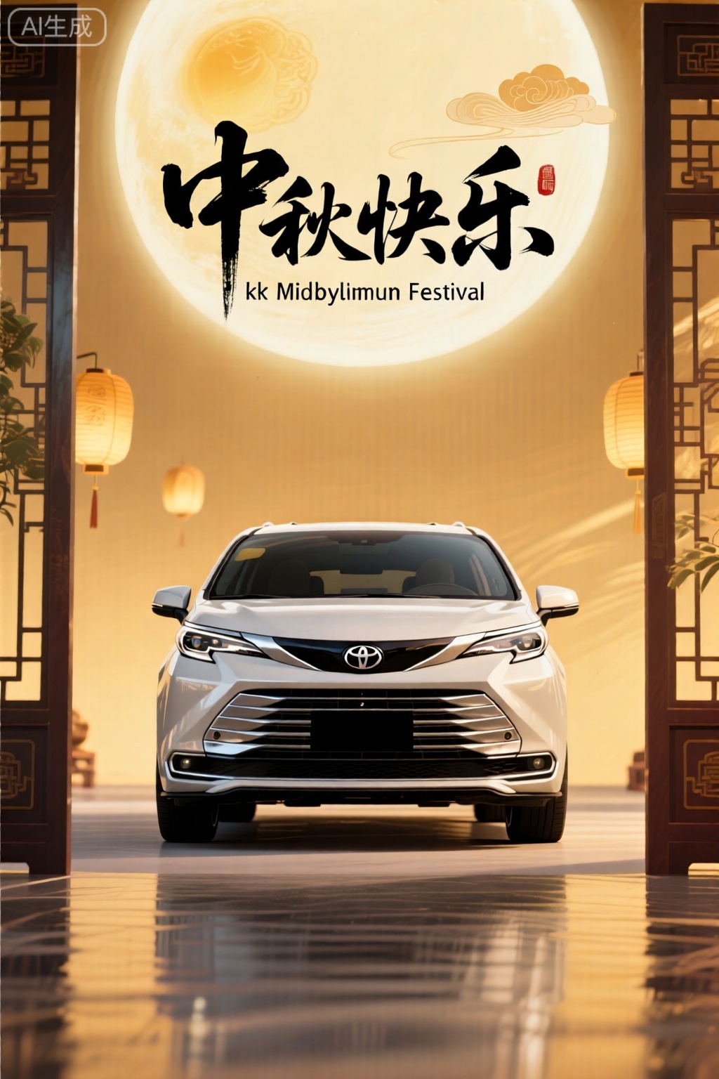 4k,sienna,一台丰田汽车停放在中式风格的室内,mpv,光影很美,车辆是焦点,中秋节平面插画,画面上方写着中文的四个大字"中秋快乐",毛笔字字体;下方有一行英文的小字,"Happy Mid-Autumn Festival"
